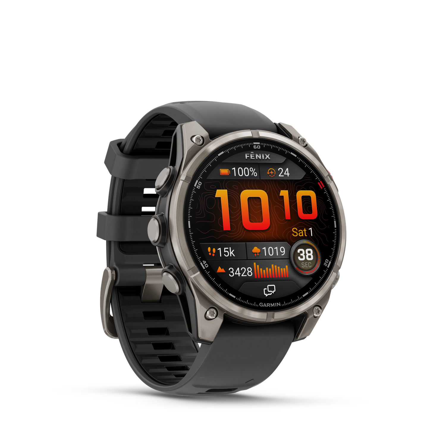 Een close-up van een zwarte en zilveren Garmin Fenix smartwatch. De wijzerplaat toont tijd, batterij en andere gegevens tegen een zwarte achtergrond.