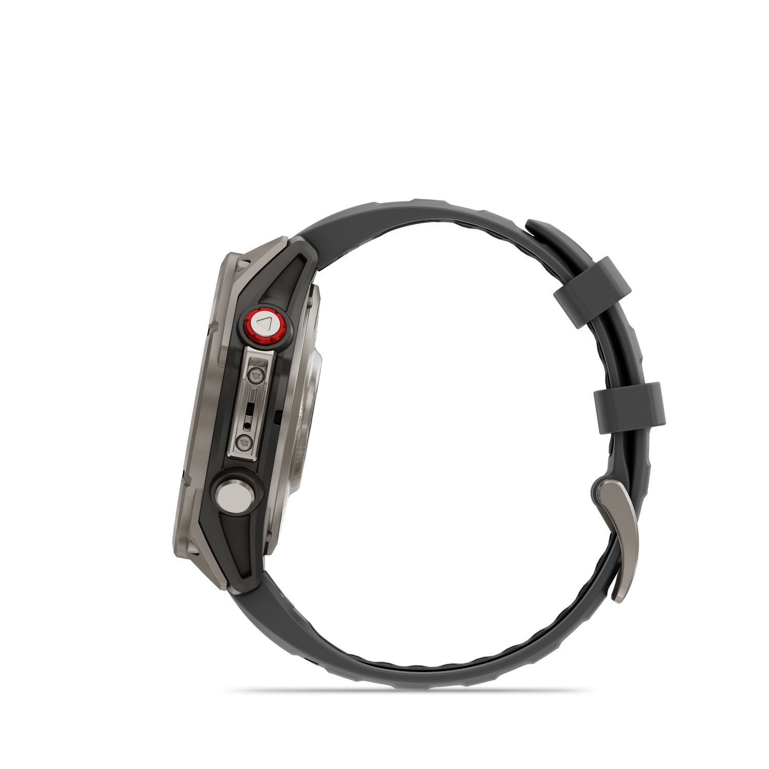 Zijaanzicht van een smartwatch. Het heeft een donkergrijze band, een zilveren bezel en een rode knop aan de zijkant. De achtergrond is zwart.