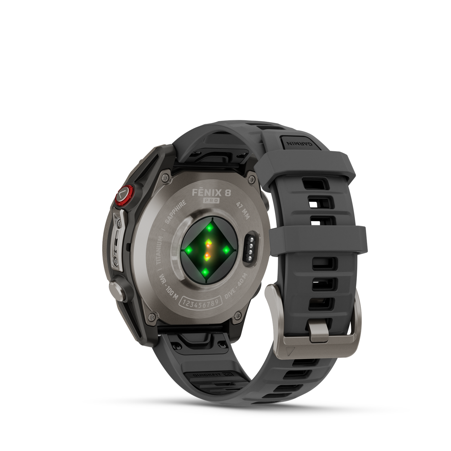 Close-up van een Fenix 8 Pro horloge, donkergrijze band, titanium kast en saffierglas. De achterkant heeft sensoren en het Garmin-logo is zichtbaar.