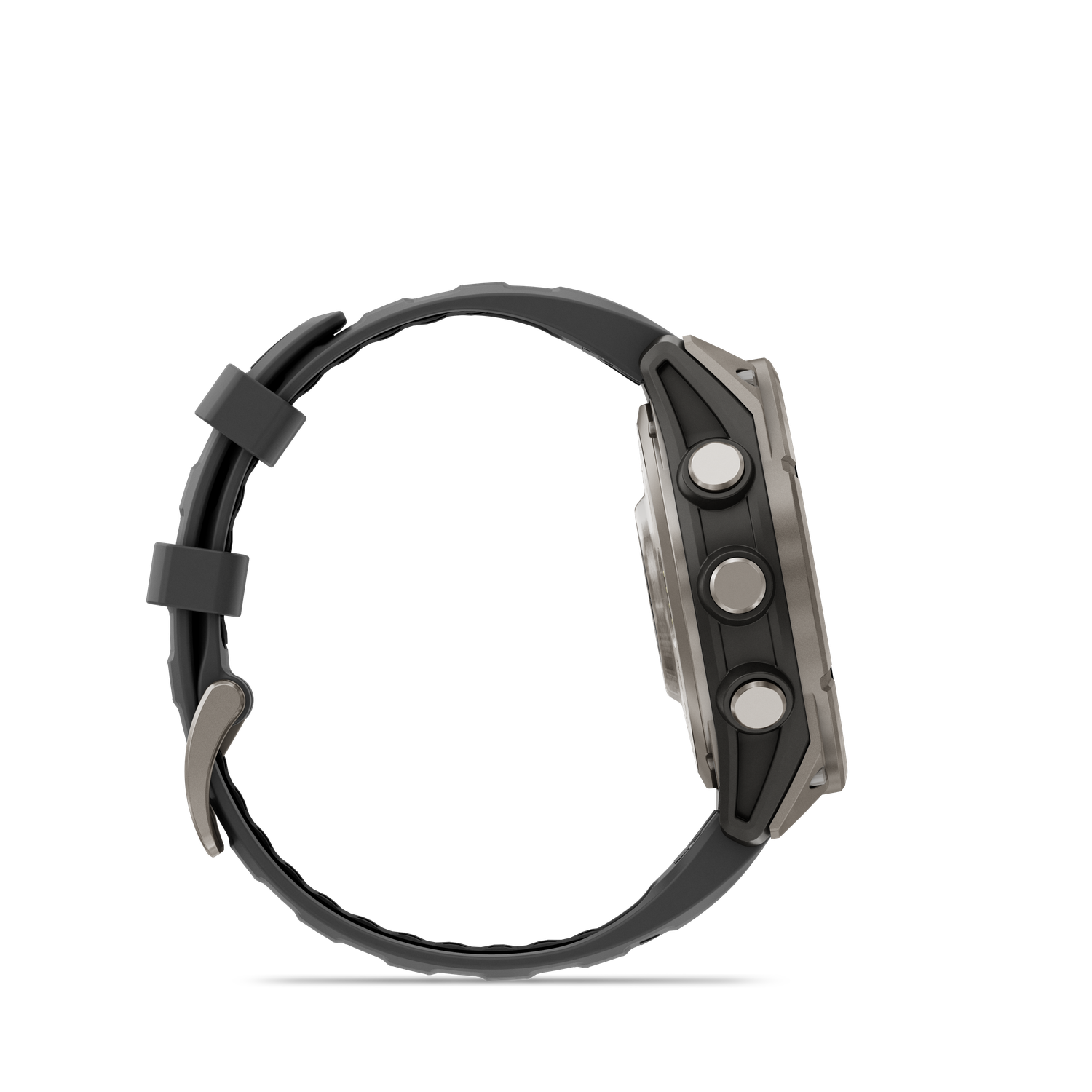 Zijaanzicht van een zwart smartwatch met een grijze rand en knoppen. Het horloge heeft een zwarte band met een zilveren gesp.