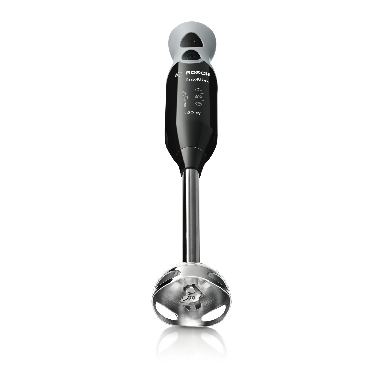 A black and silver Bosch ErgoMixx hand blender on a white background, with a blade at the bottom and controls at the top.