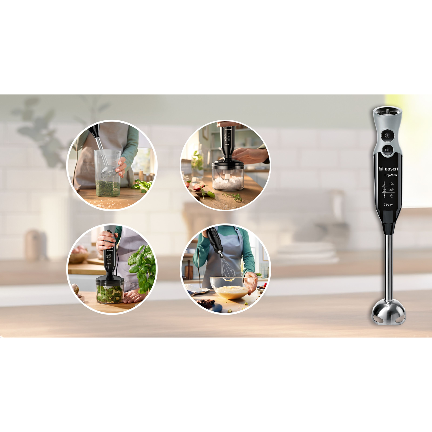 Bosch ErgoMixx hand blender with four inset images showing use. The blender is silver and black. People are using it to prepare food.