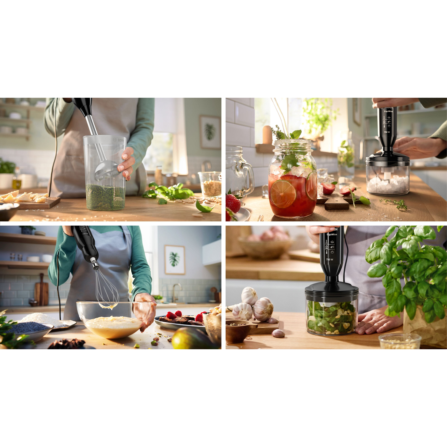 A woman is blending ingredients in a clear container. The scene includes various kitchen items and fresh produce.