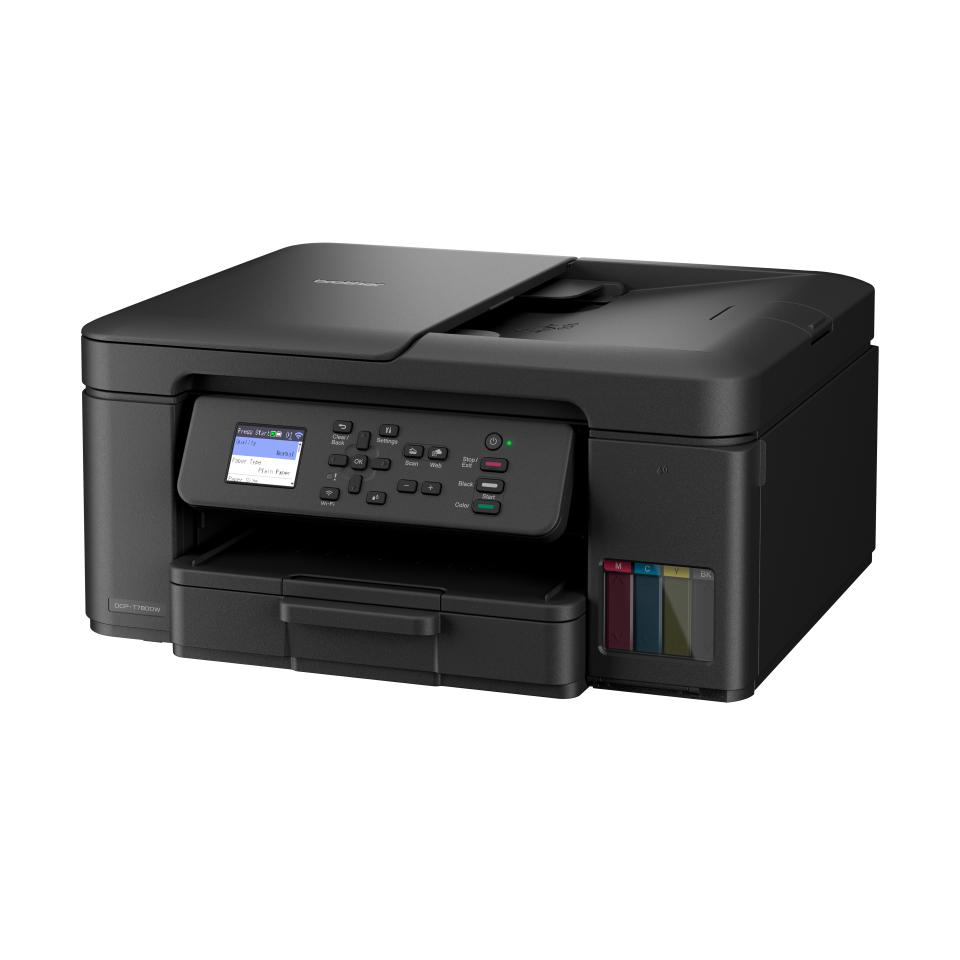 Schwarzer Brother DCP-T720DW Drucker. Verfügt über ein Bedienfeld mit Display und Tasten. Farbpatronen sind rechts sichtbar.