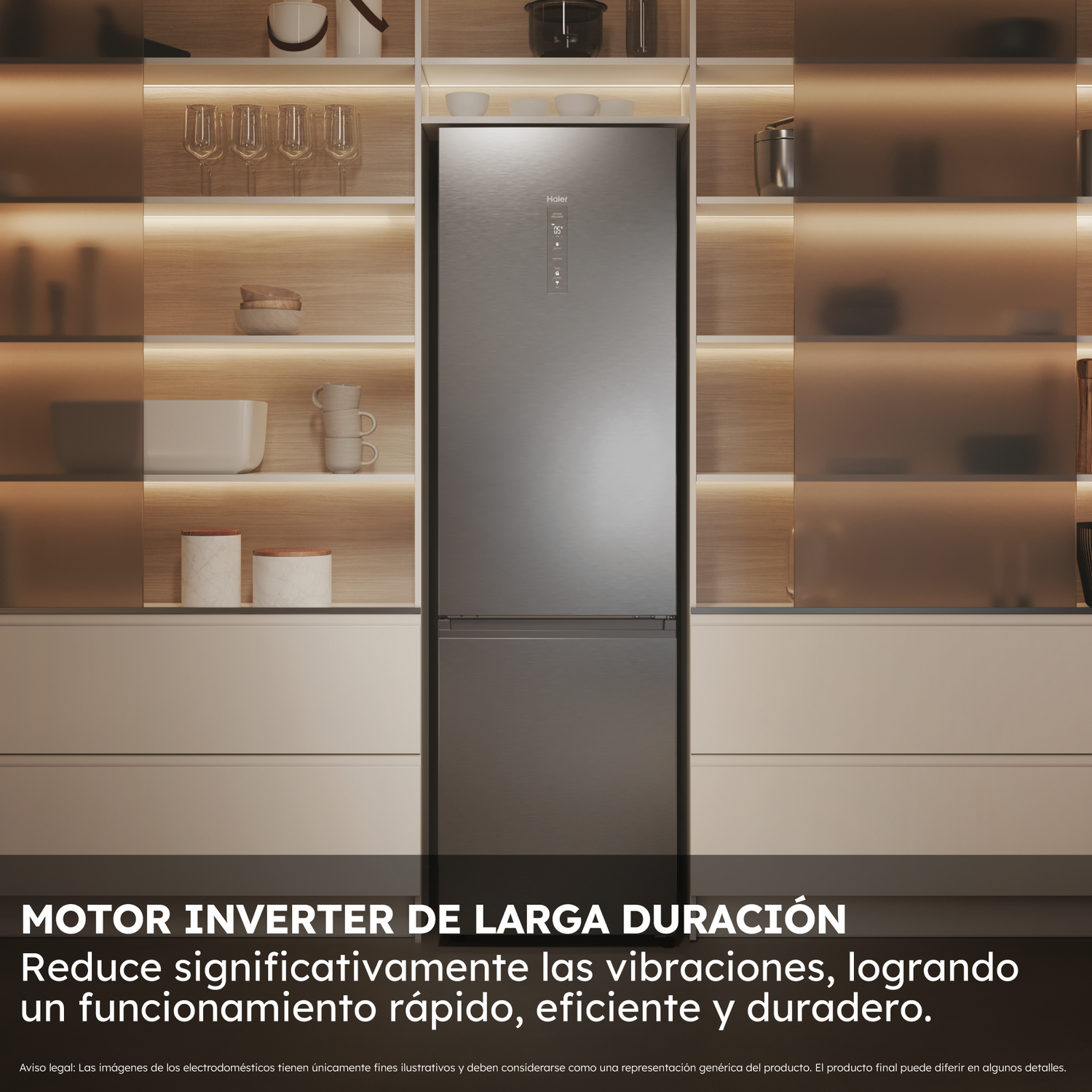 Un refrigerador Haier de acero inoxidable está en un gabinete de cocina. El gabinete tiene estantes con vasos, cuencos y luces. Texto abajo.