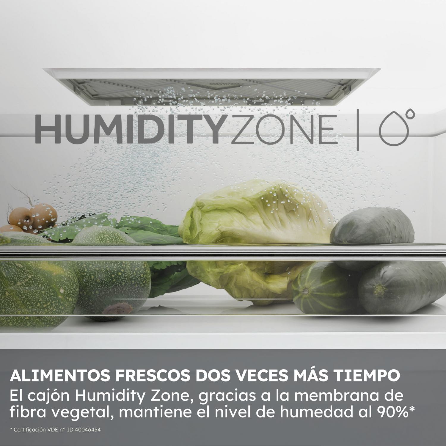 Dentro de un refrigerador, se almacenan verduras. El texto "HUMIDITYZONE" y "ALIMENTOS FRESCOS" son visibles. El ambiente es húmedo.
