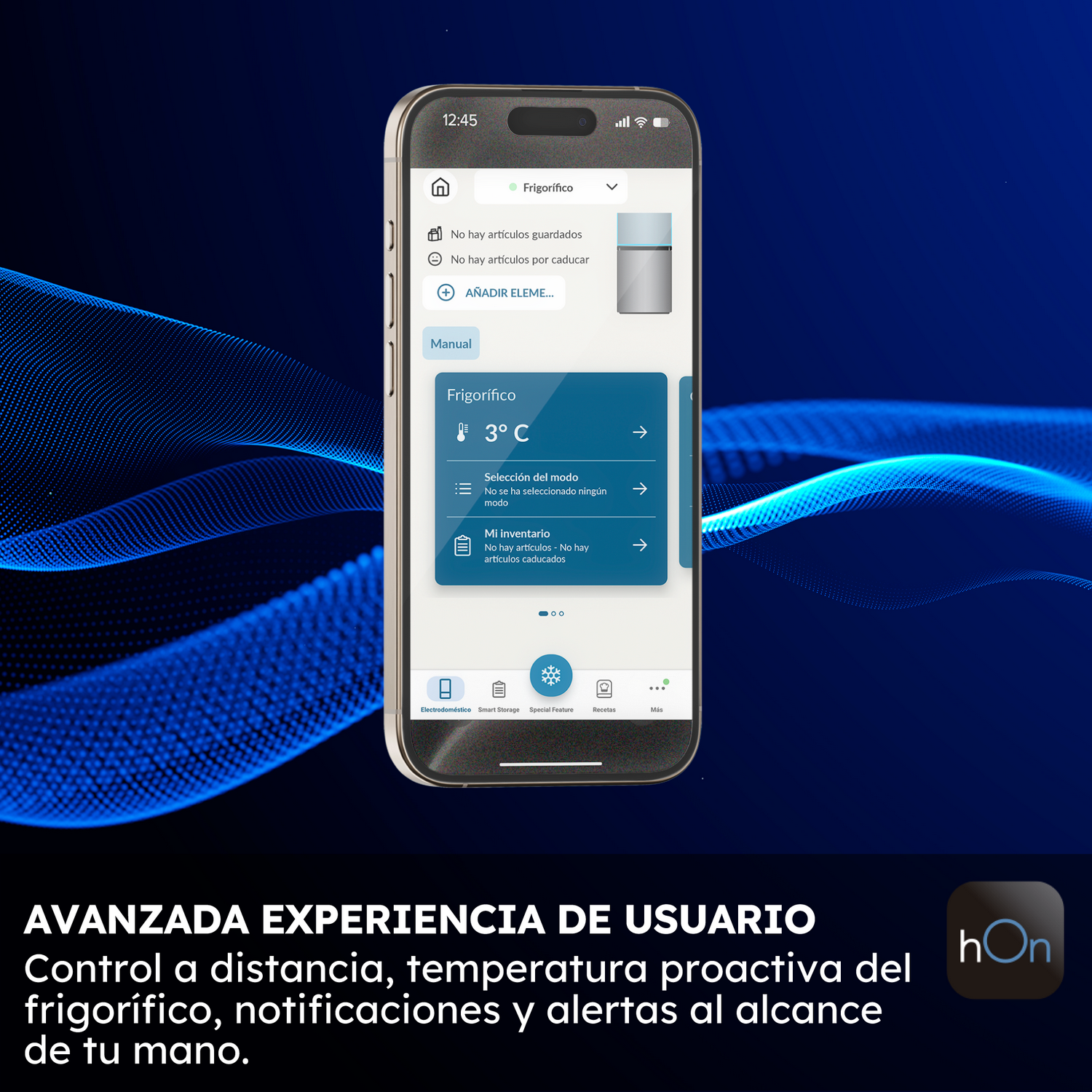 Smartphone mostrando la interfaz de una app de nevera. Muestra control de temperatura y otros ajustes. El fondo tiene un patrón de ondas azules.
