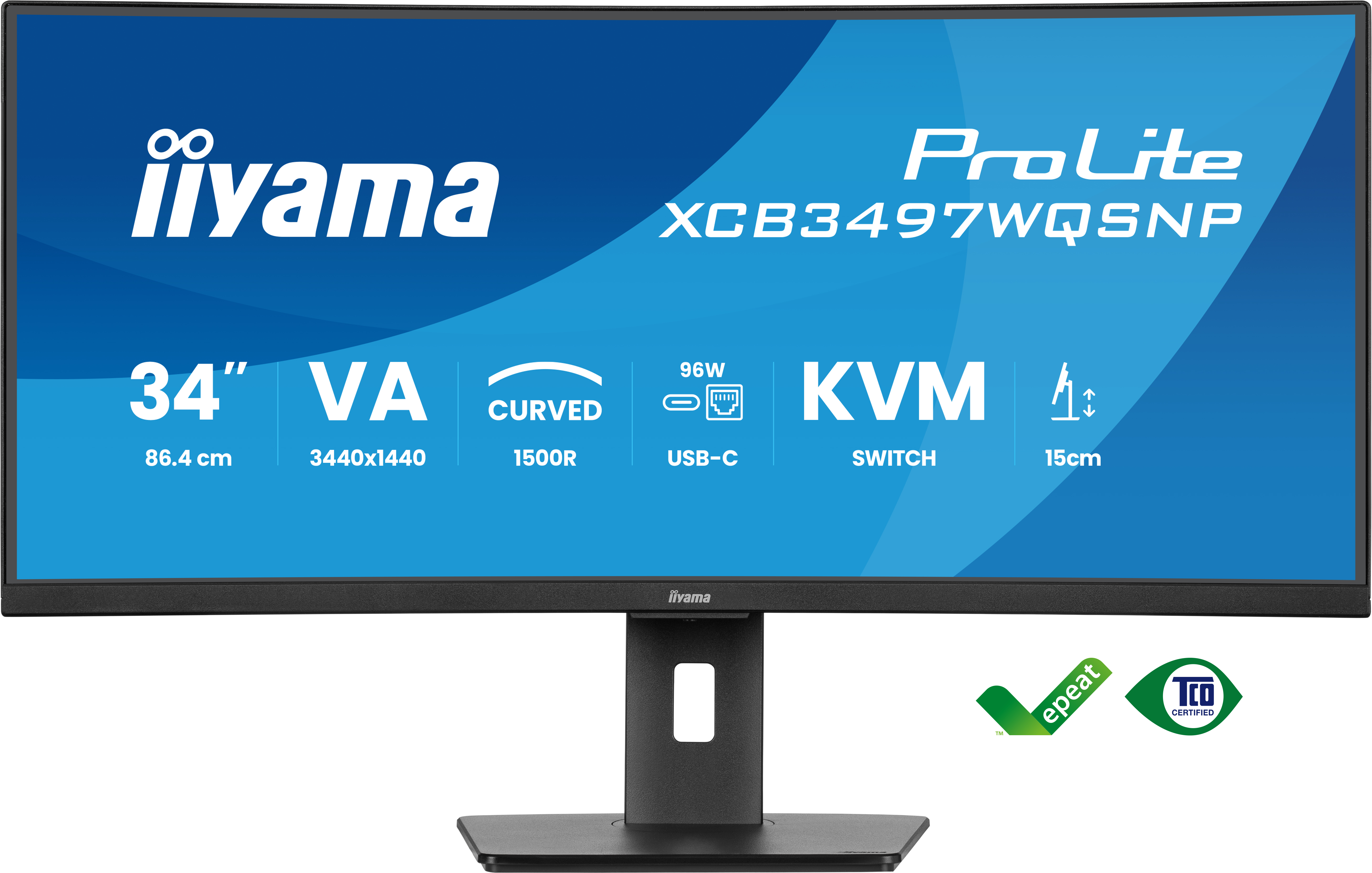 Zakrzywiony monitor komputerowy marki Iiyama. Posiada specyfikacje takie jak 34", VA, zakrzywiony, przełącznik KVM i USB-C.