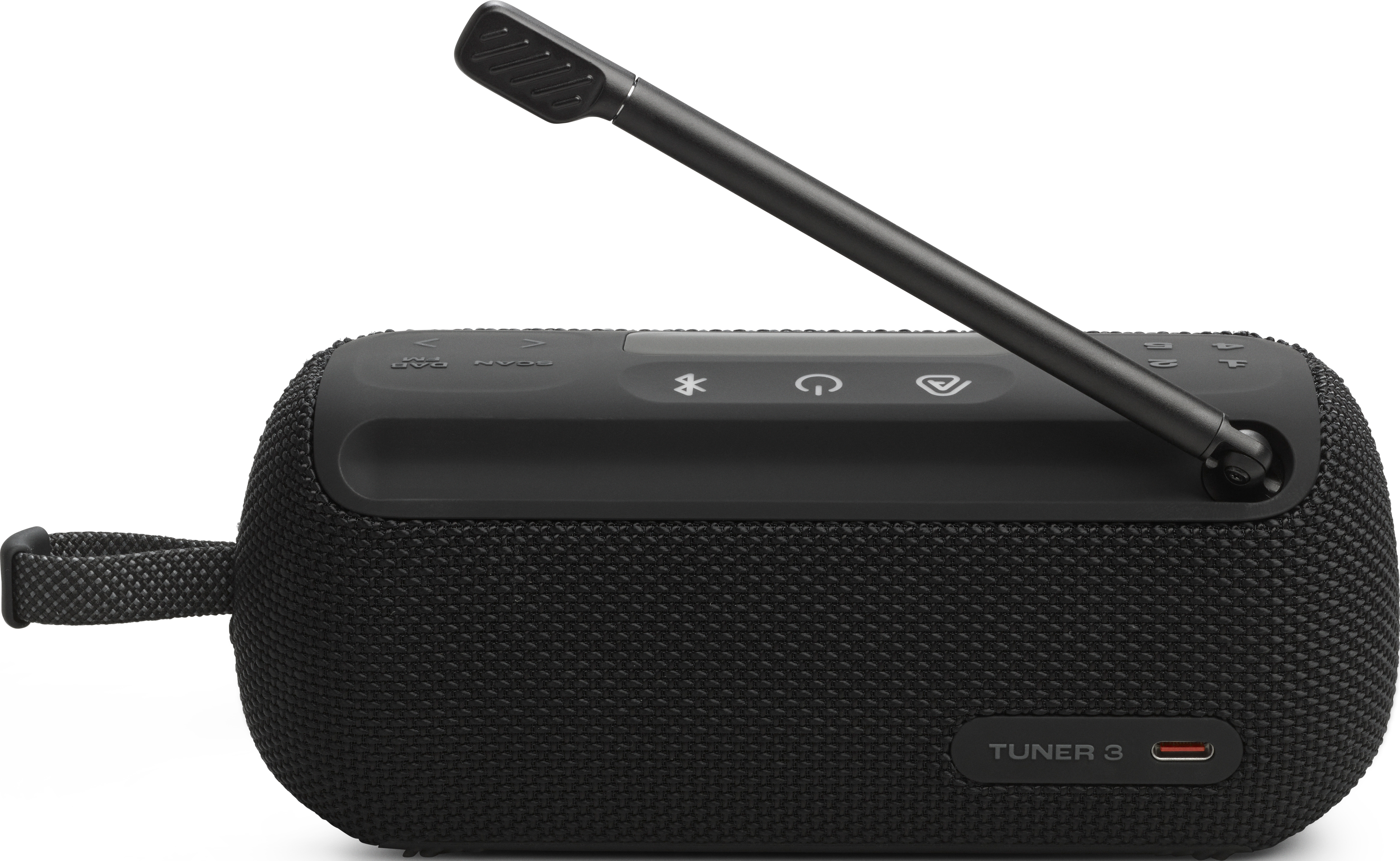 Radio JBL Tuner 3 nera con antenna. Ha pulsanti sulla parte superiore e una porta USB-C. Sul lato c'è una cinghia.