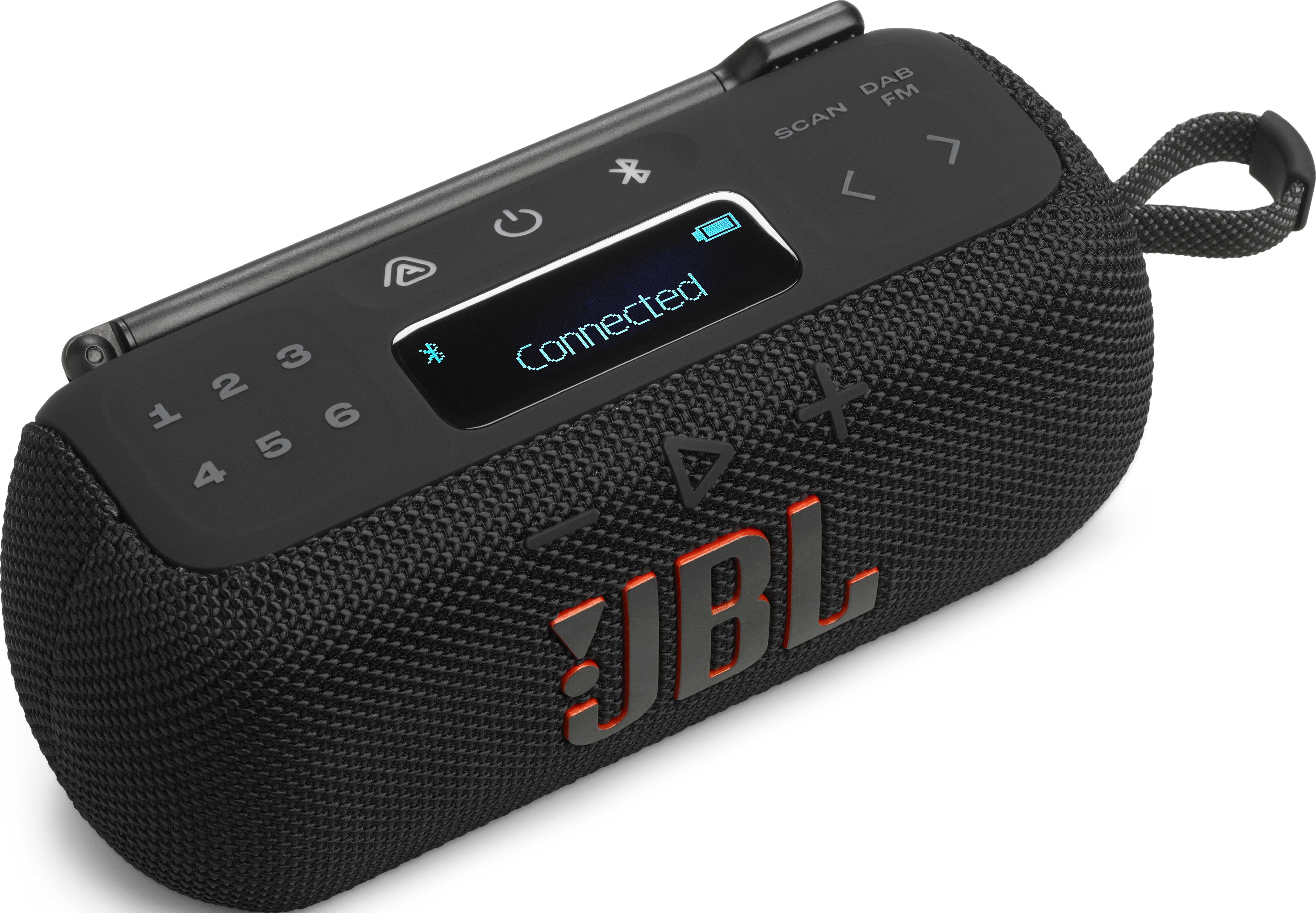 Altoparlante JBL nero con dettagli arancioni. Ha uno schermo che mostra 'Connected'. Sono visibili i pulsanti di accensione, Bluetooth e volume.