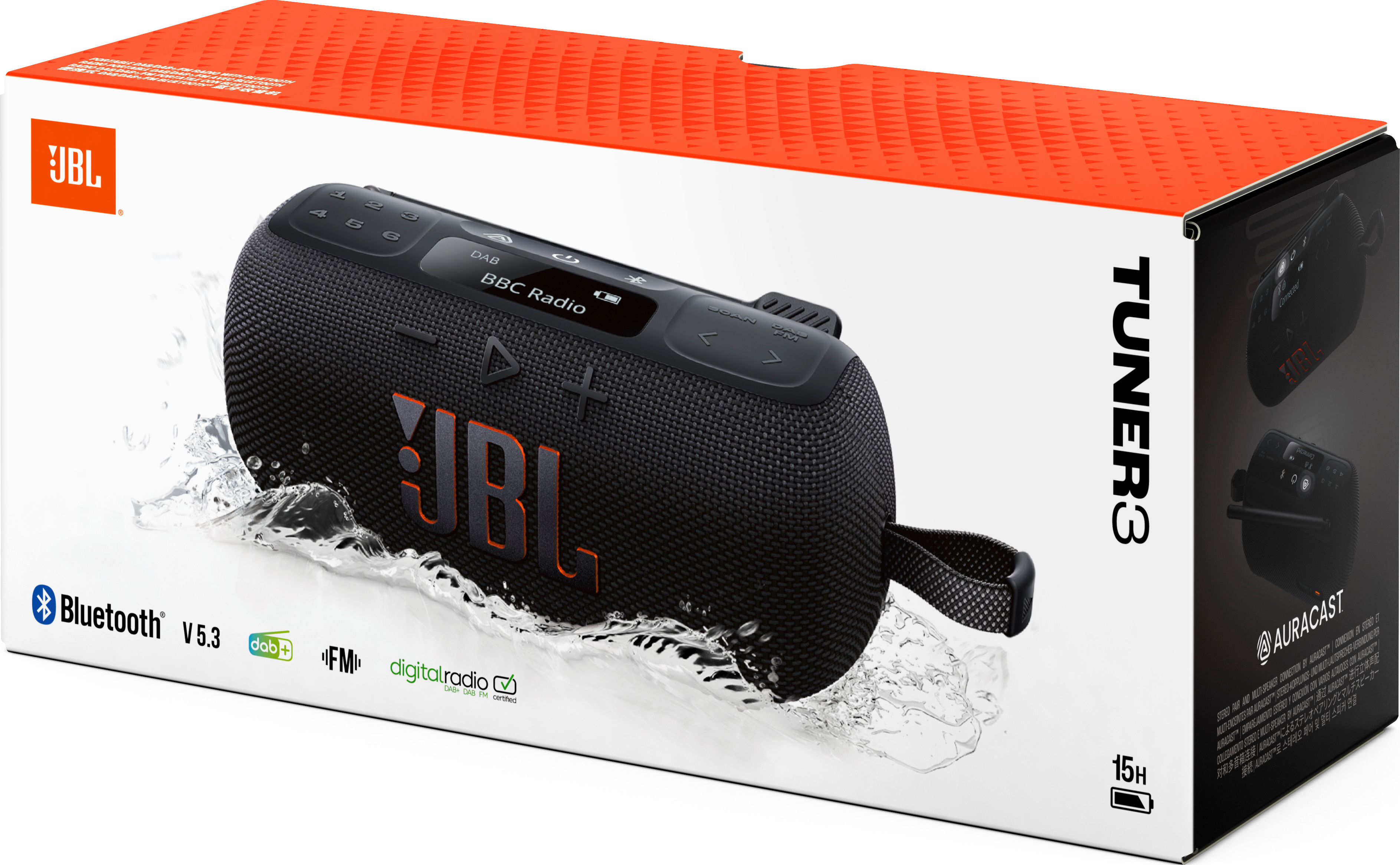 Altoparlante JBL Tuner 3 in una scatola. Altoparlante nero su sfondo bianco con effetto acqua. La scatola è bianca e arancione.