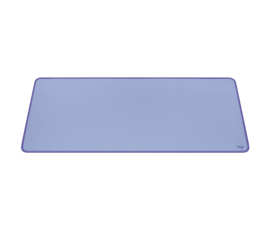 Világos lila téglalap alakú egérpad sötétebb lila szegéllyel, zöld háttéren. A Logitech logója látható.