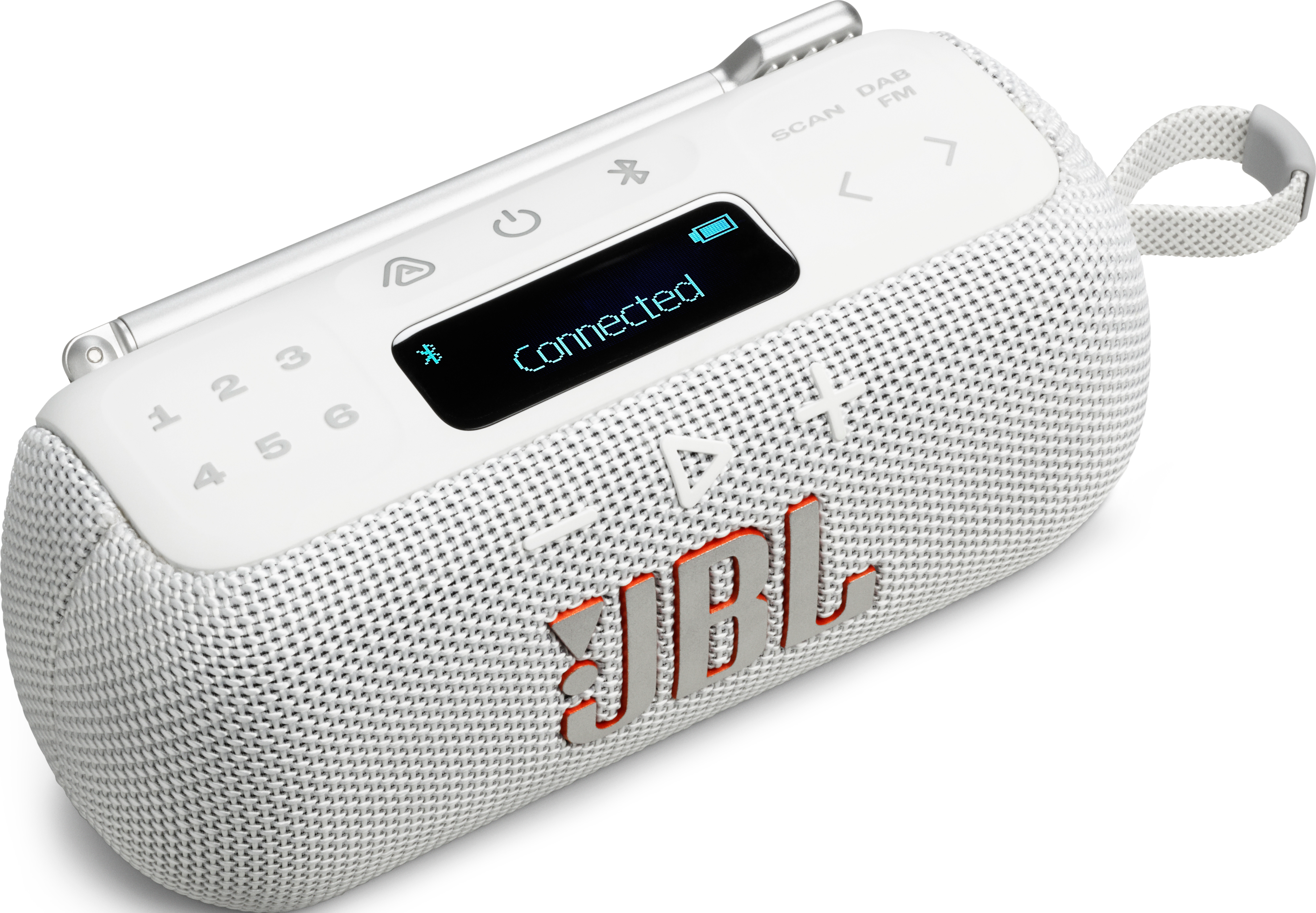 Un haut-parleur portable JBL blanc. Il a un écran affichant 'Connected'. Le logo est orange. Il a une poignée sur le côté.