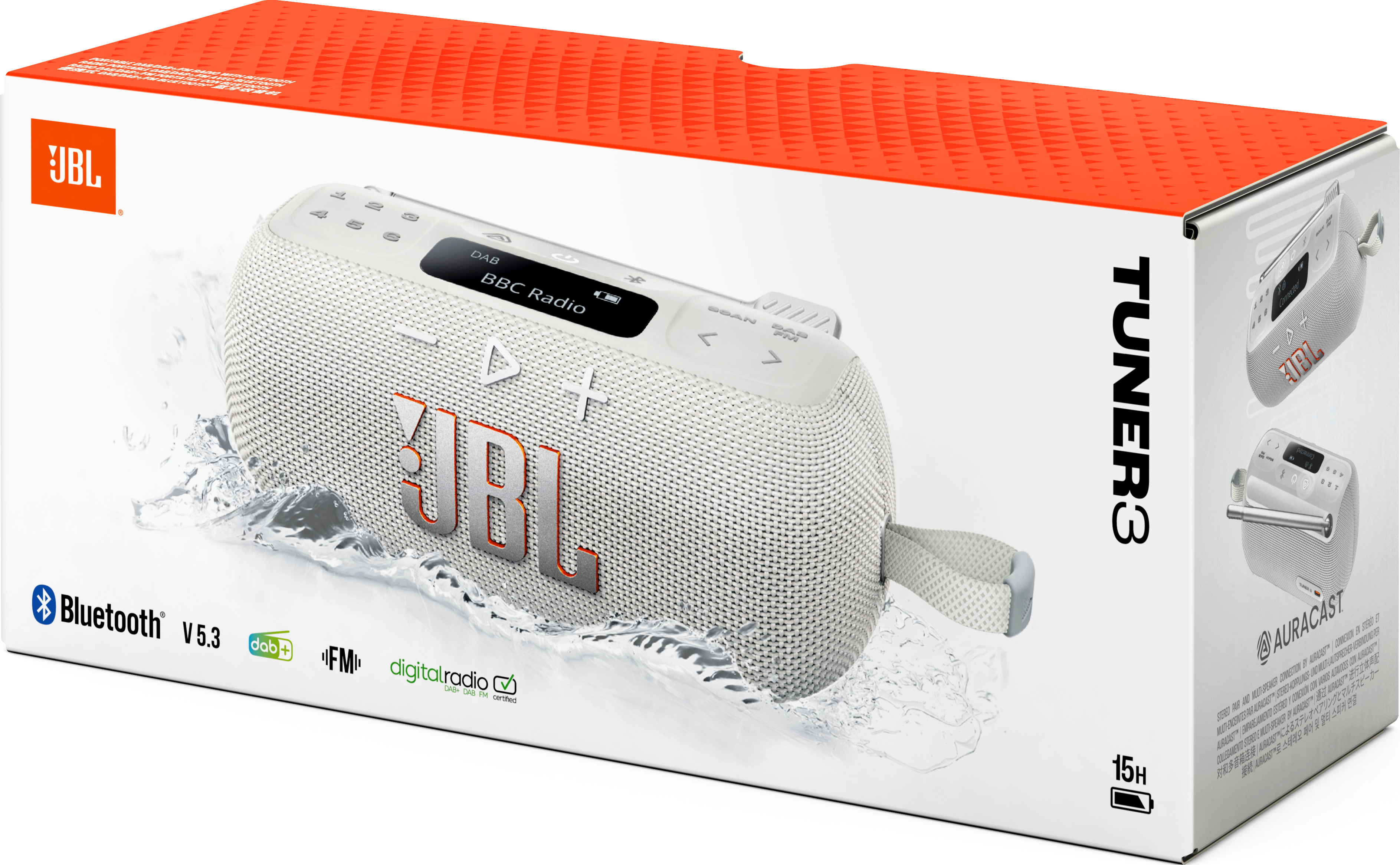Une boîte d'enceinte JBL Tuner 3 blanche avec un haut-parleur et un effet d'eau. La boîte est blanche et orange.