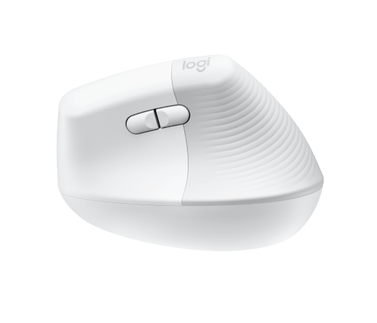 Fehér ergonomikus számítógépes egér Logitech logóval, két gombbal és görgetőkerékkel, zöld háttéren.