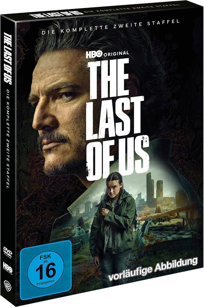DVD-Cover für The Last of Us. Pedro Pascal und Bella Ramsey sind abgebildet. Der Hintergrund zeigt eine postapokalyptische Stadt.