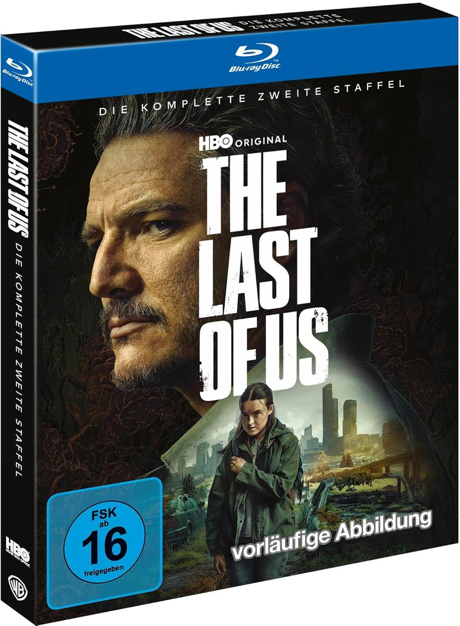 Blu-ray-Cover für The Last of Us. Enthält das Gesicht eines Mannes, ein Mädchen und den Serientitel. Hintergrund zeigt eine zerstörte Stadt.