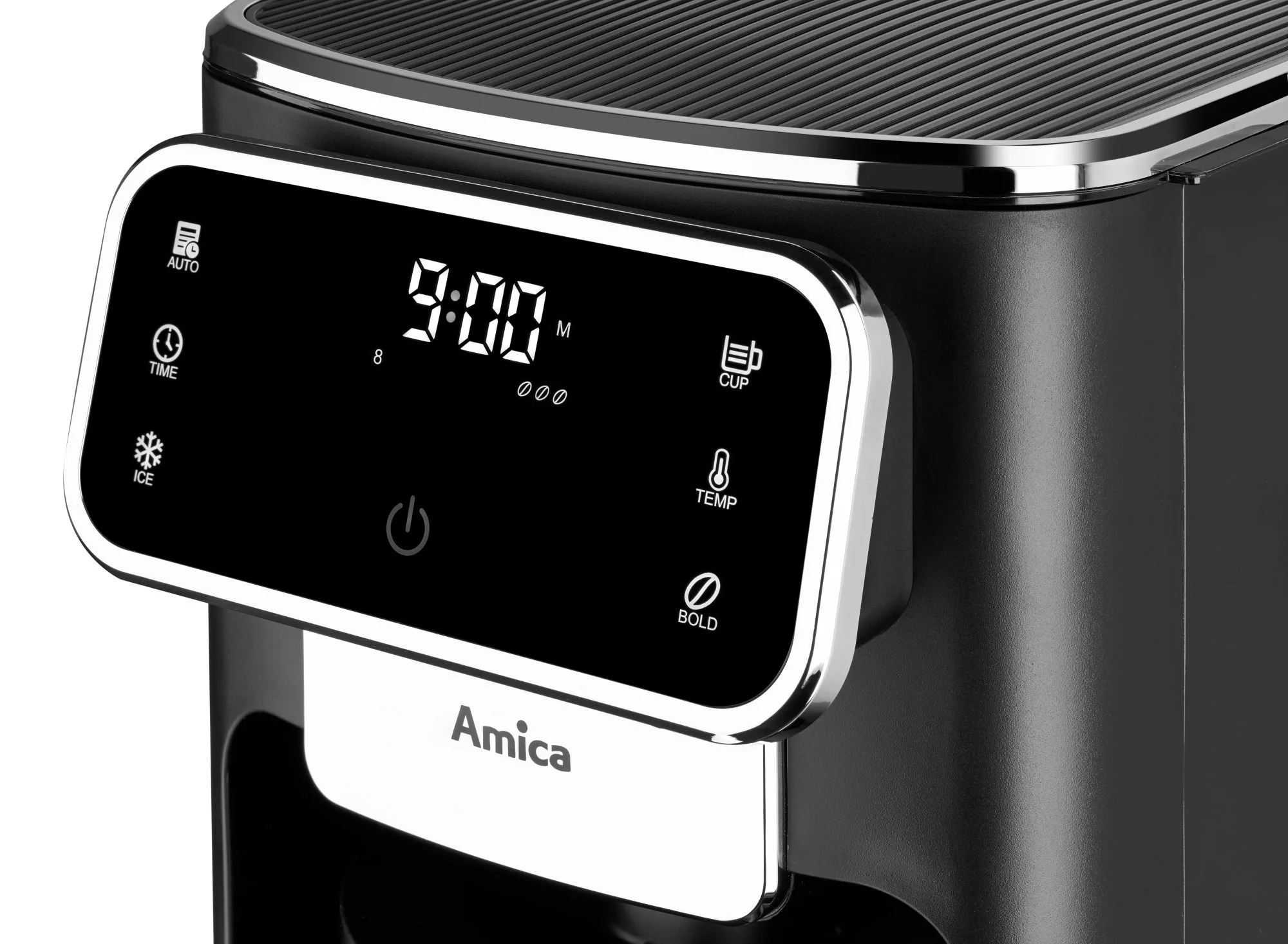 Czarny ekspres do kawy Amica z cyfrowym wyświetlaczem pokazującym godzinę 9:00. Ikony obejmują ustawienia czasu, lodu, filiżanki, temperatury i pogrubienia.