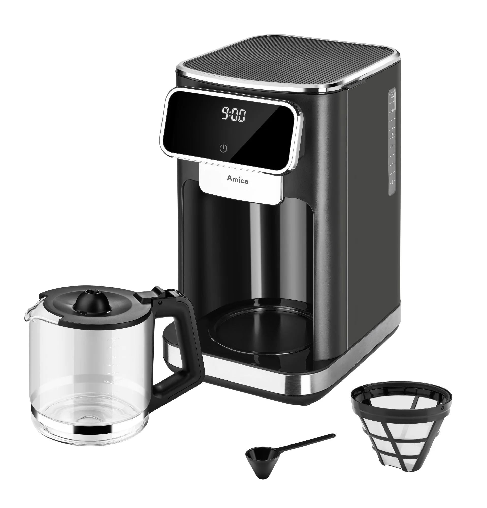 Czarny i srebrny ekspres do kawy Amica ze szklaną karafką, filtrem, miarką i wyświetlaczem 9:00.