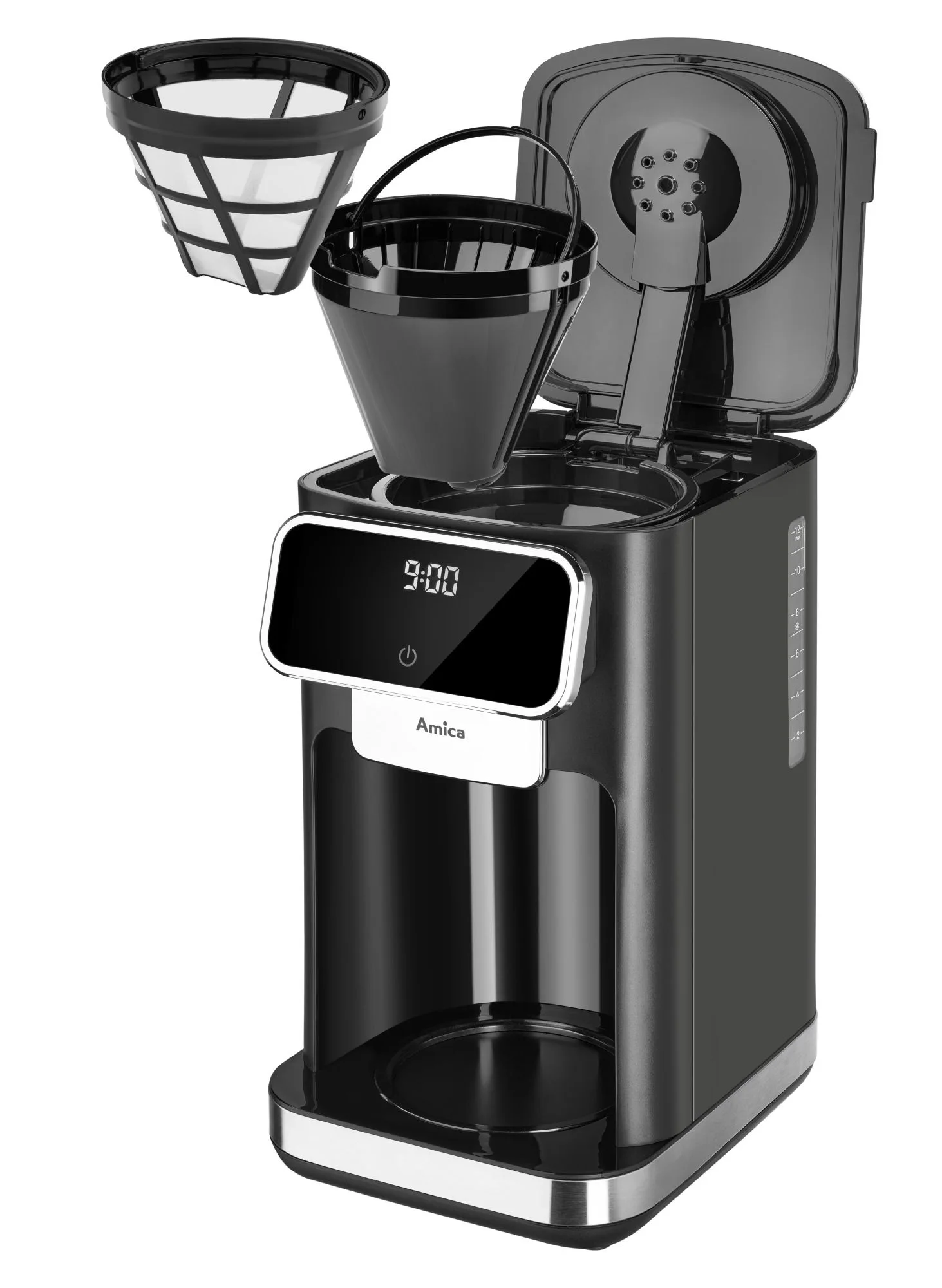 Czarny ekspres do kawy z otwartą pokrywą, widocznym filtrem. Wyświetlacz cyfrowy pokazuje 9:00. Marka Amica z przodu.