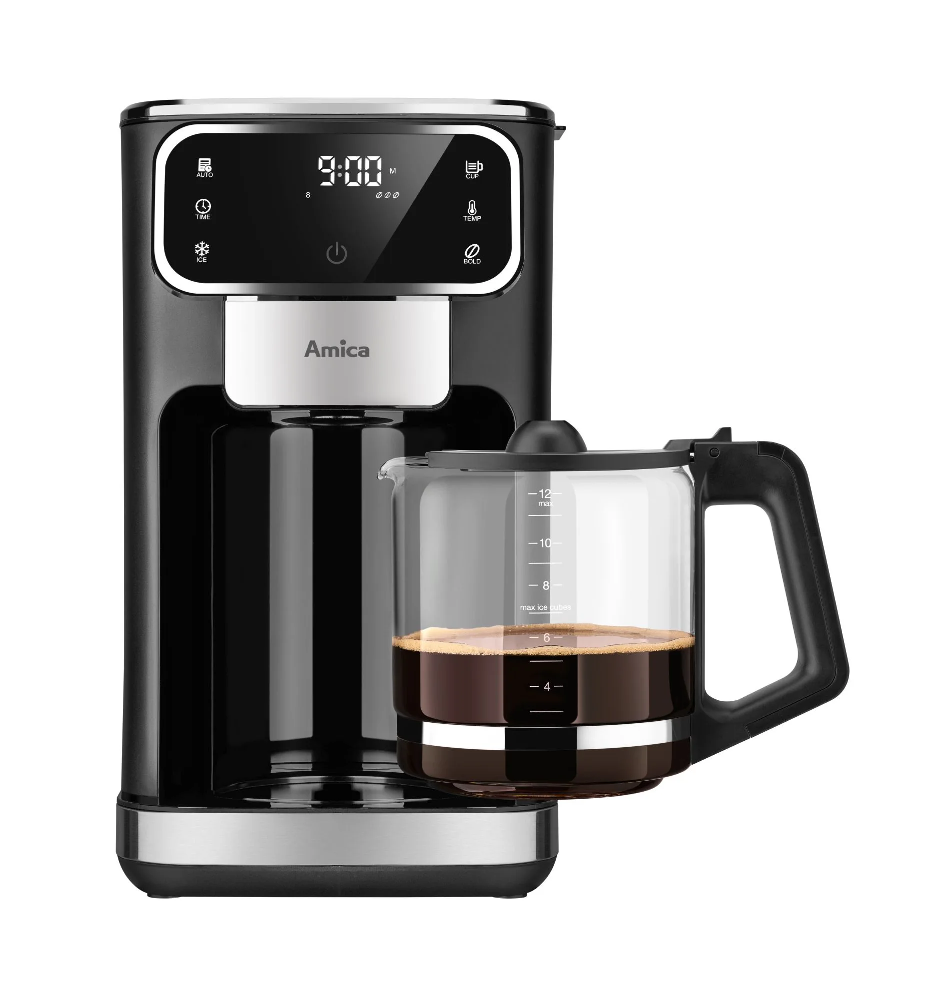 Czarny i srebrny ekspres do kawy Amica. Szklany dzbanek zawiera kawę. Wyświetlacz pokazuje godzinę. Przyciski auto, czas i temp.