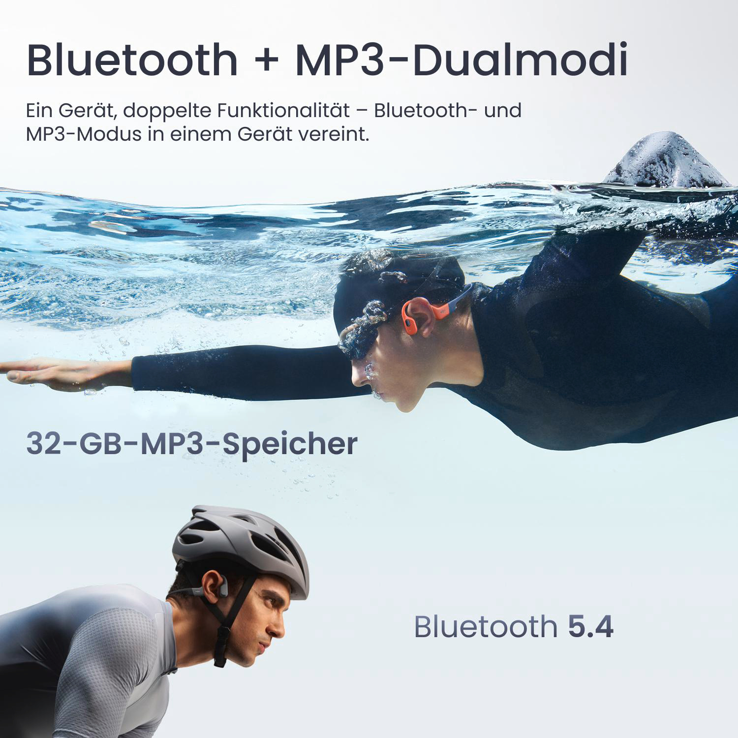 Ein Schwimmer im Wasser trägt orangefarbene Ohrhörer. Ein Radfahrer trägt einen Helm. Text: Bluetooth + MP3-Dualmodi, 32 GB MP3, Bluetooth 5.4.