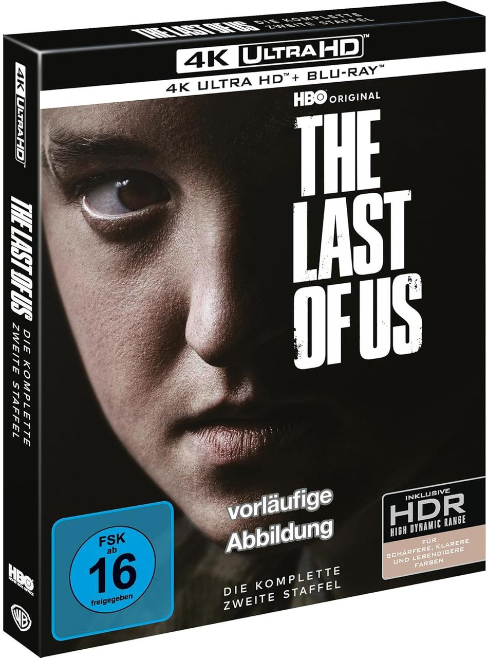 The Last of Us 4K Blu-Ray Cover. Nahaufnahme eines Gesichts. Text: Titel der Serie und HBO-Logo.
