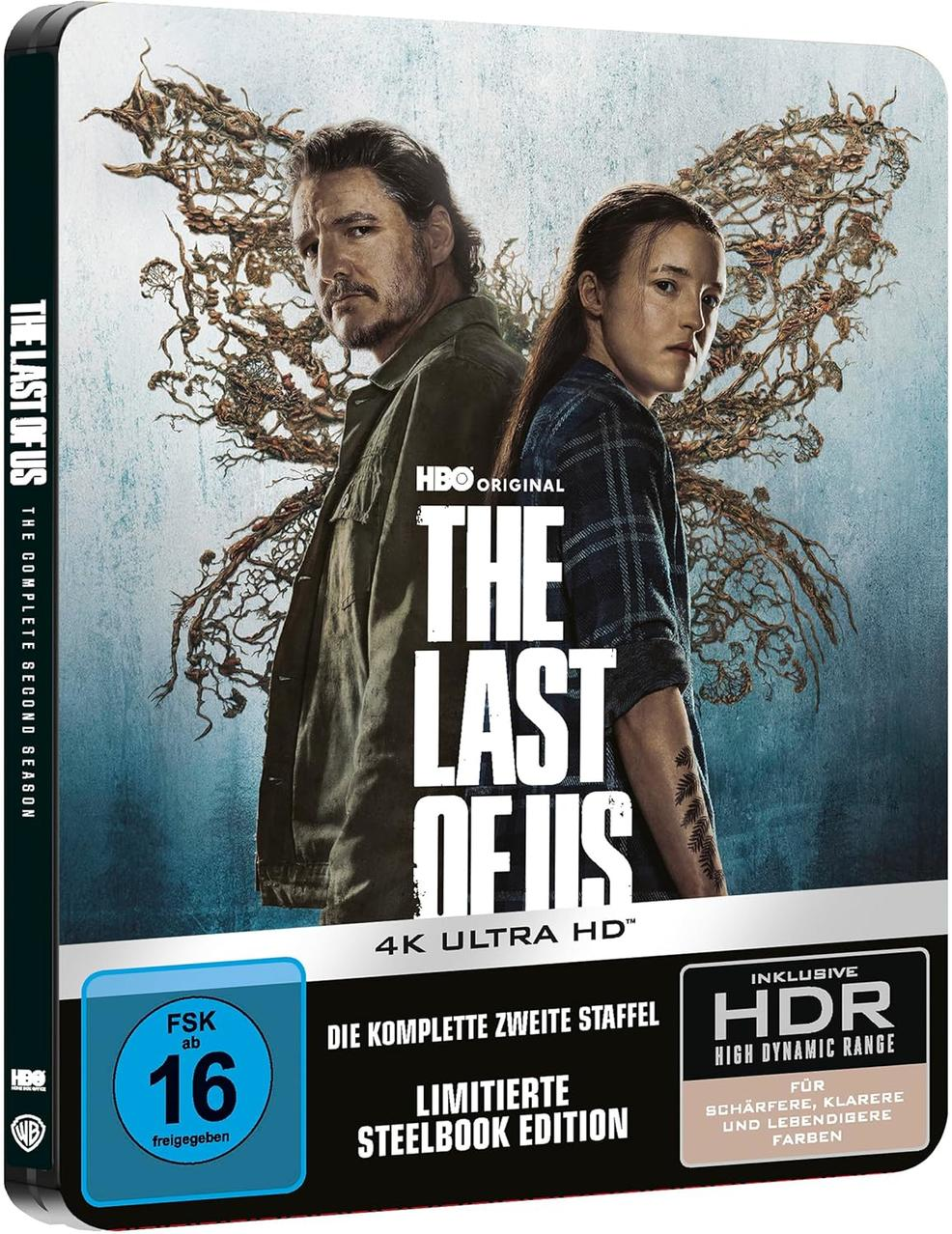 The Last of Us Blu-ray-Cover. Mit Pedro Pascal und Bella Ramsey. Text enthält "4K Ultra HD", "HBO Original" und "Limitierte Steelbook Edition".