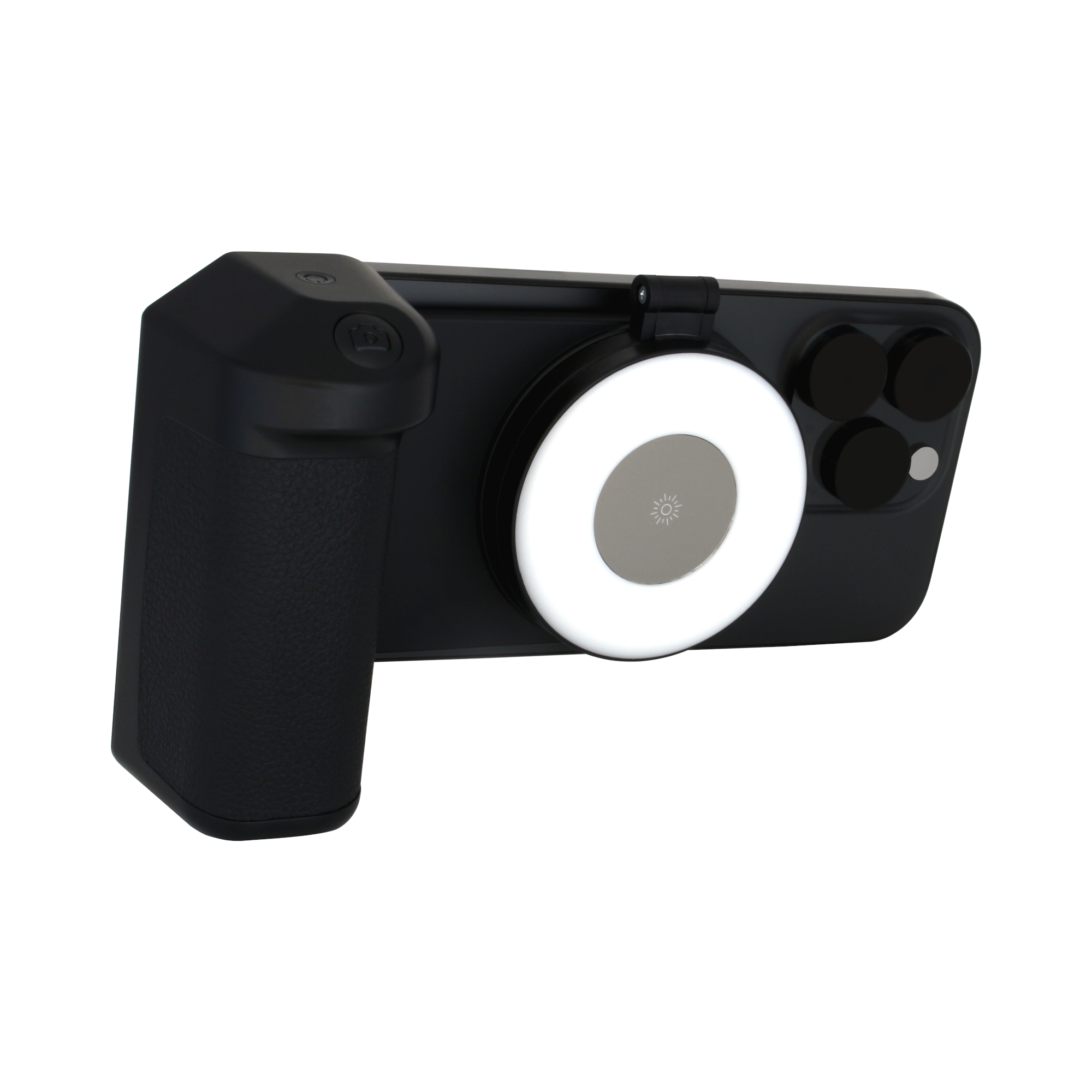 Schwarzes Smartphone mit Ringlicht und Griff. Das Telefon hat mehrere Kameralinsen. Weißer Hintergrund.