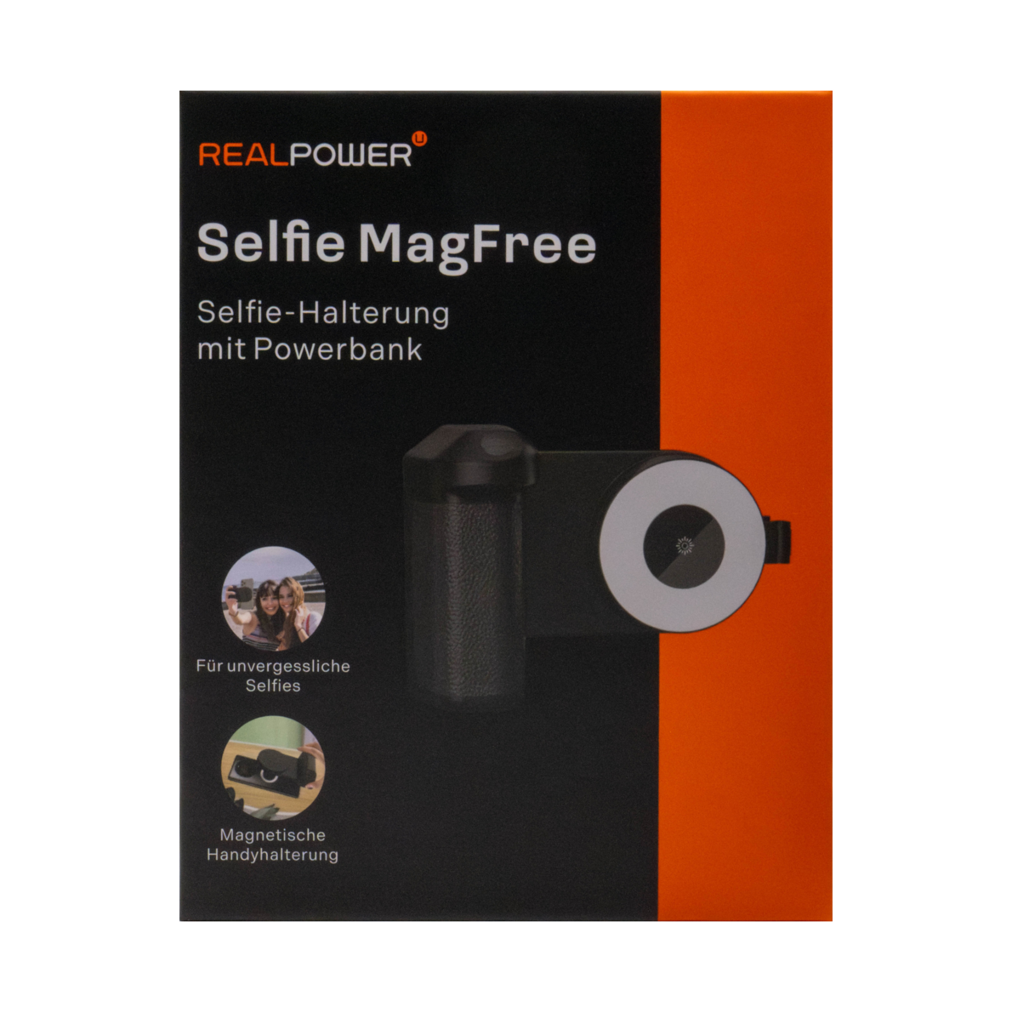 Produktbox für Selfie MagFree mit Selfie-Licht. Text auf Deutsch. Orange und Schwarz.