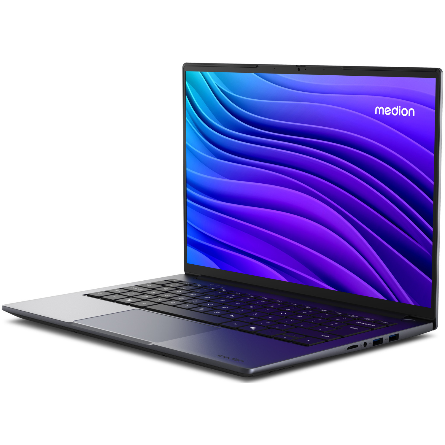 A silver Medion laptop is open, displaying a vibrant blue and purple wave pattern on the screen. The keyboard is visible.