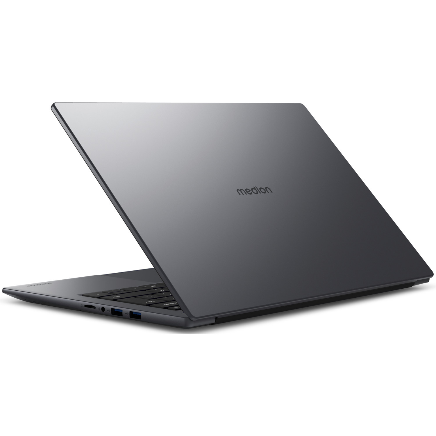 A dark gray Medion laptop is slightly open. The keyboard is visible. The Medion logo is on the top cover.