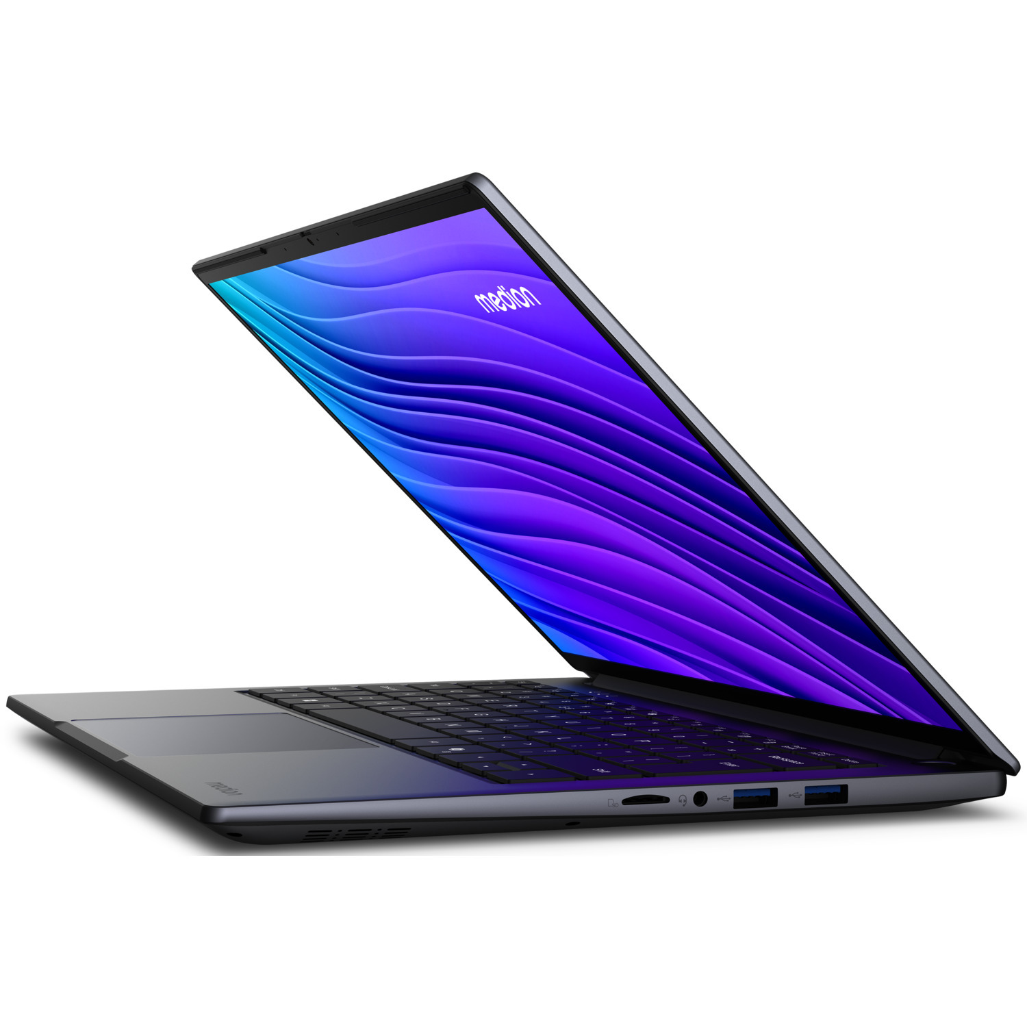 A silver laptop is open, displaying a purple and blue wavy screen. The keyboard is visible, and the laptop sits on a white surface.