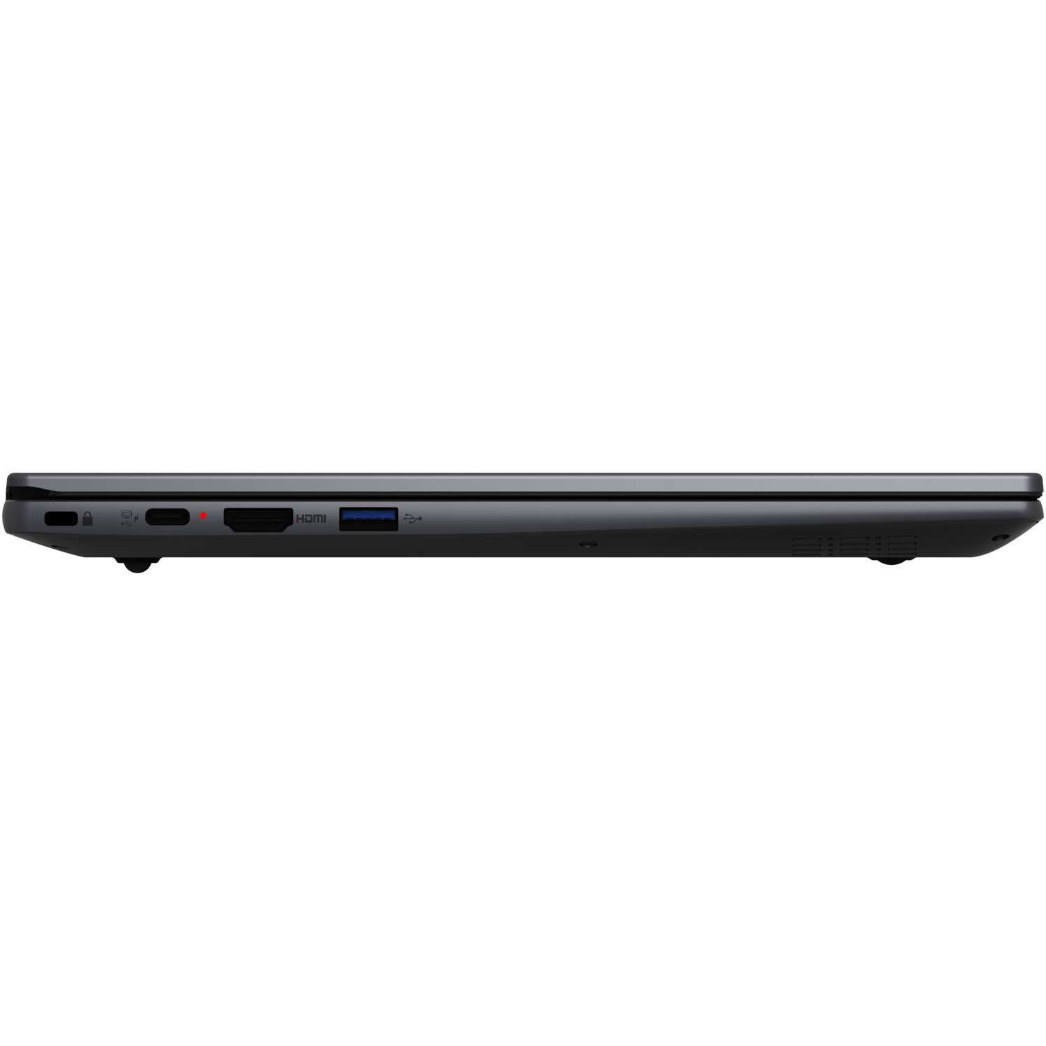 Side view of a dark gray laptop. Visible ports include USB, HDMI, and charging. A small red light is on.