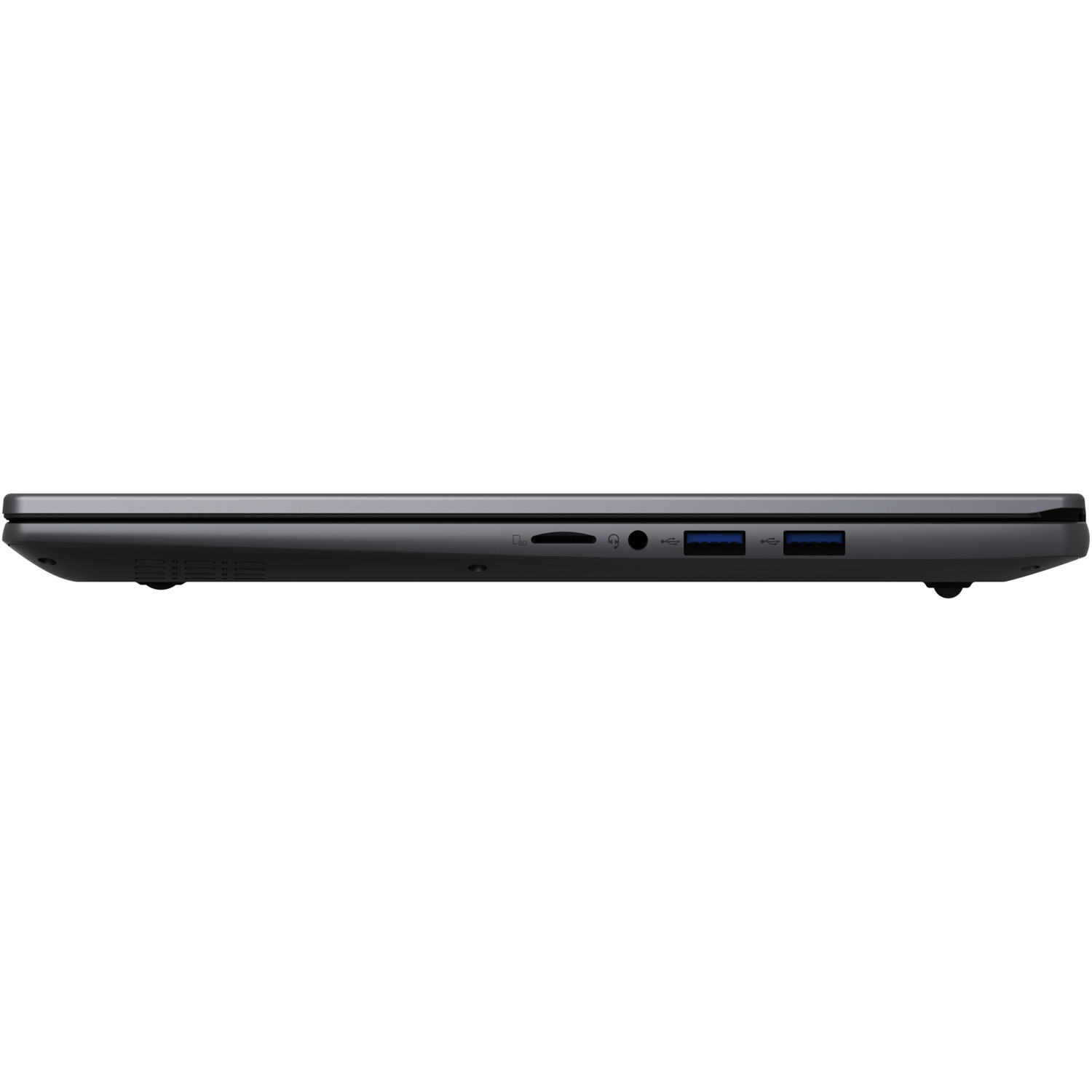 Side view of a dark gray laptop. Visible ports include USB, audio jack, and SD card slot. The laptop is on a white background.