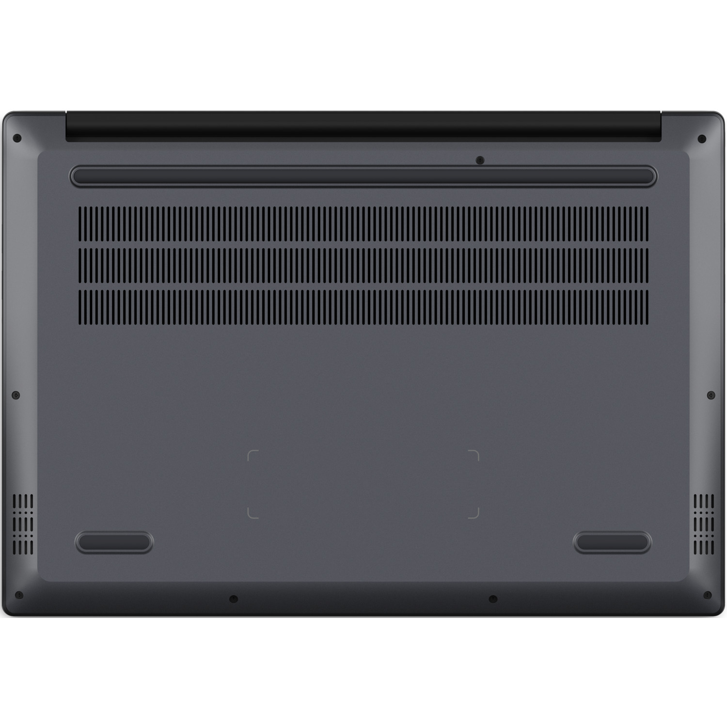 Bottom of a dark gray laptop. Features vents, small rubber feet, and screw placements are visible. The surface is smooth.