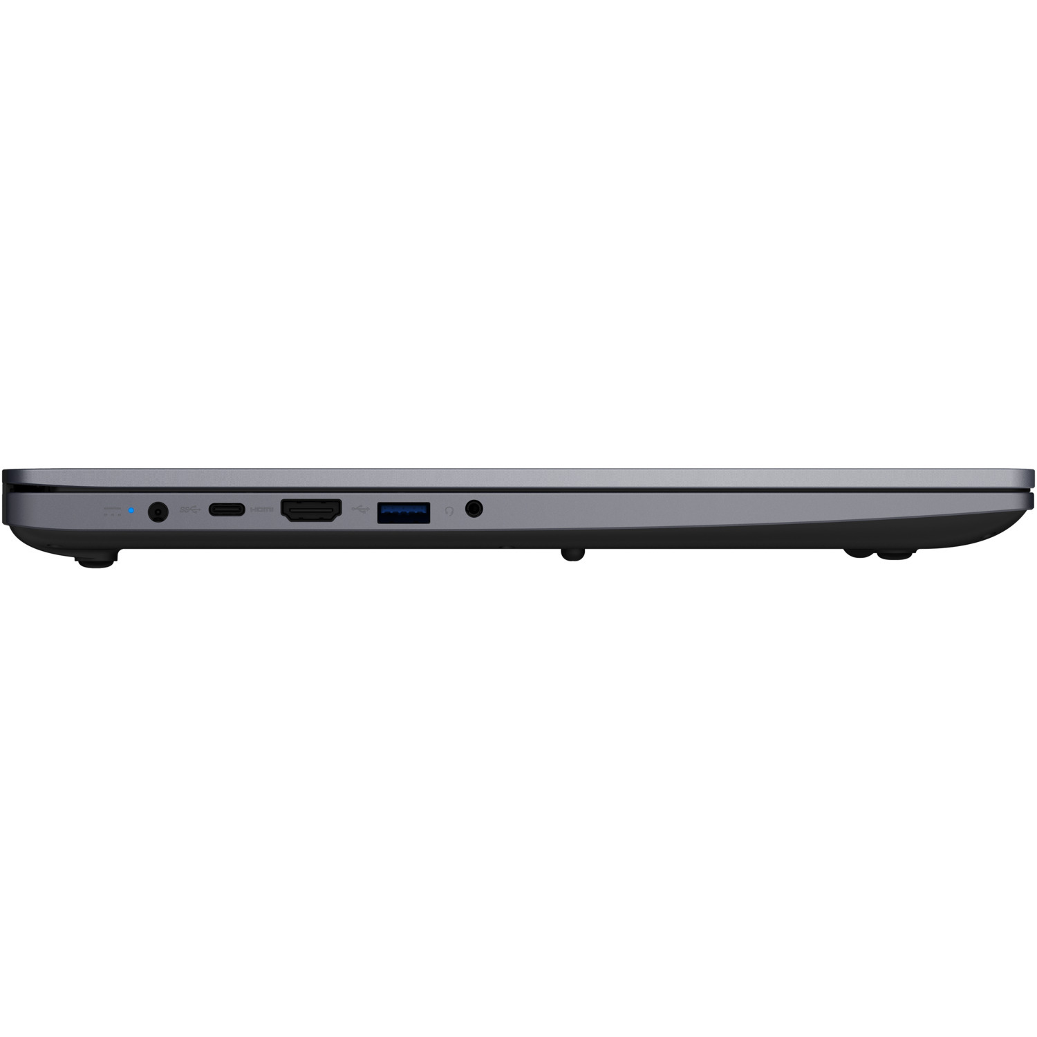 Vue latérale d'un ordinateur portable gris. Les ports visibles incluent USB, HDMI et prise audio. Le bouton d'alimentation est à gauche.