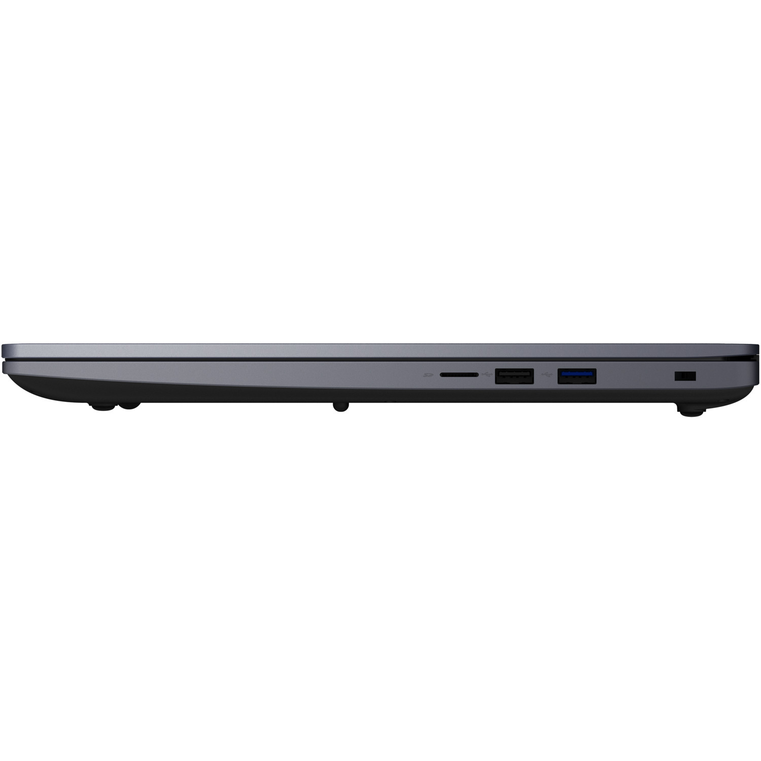 Vue latérale d'un ordinateur portable gris foncé. Les ports visibles incluent un lecteur de carte SD, des ports USB et un port d'alimentation. L'ordinateur est sur fond blanc.