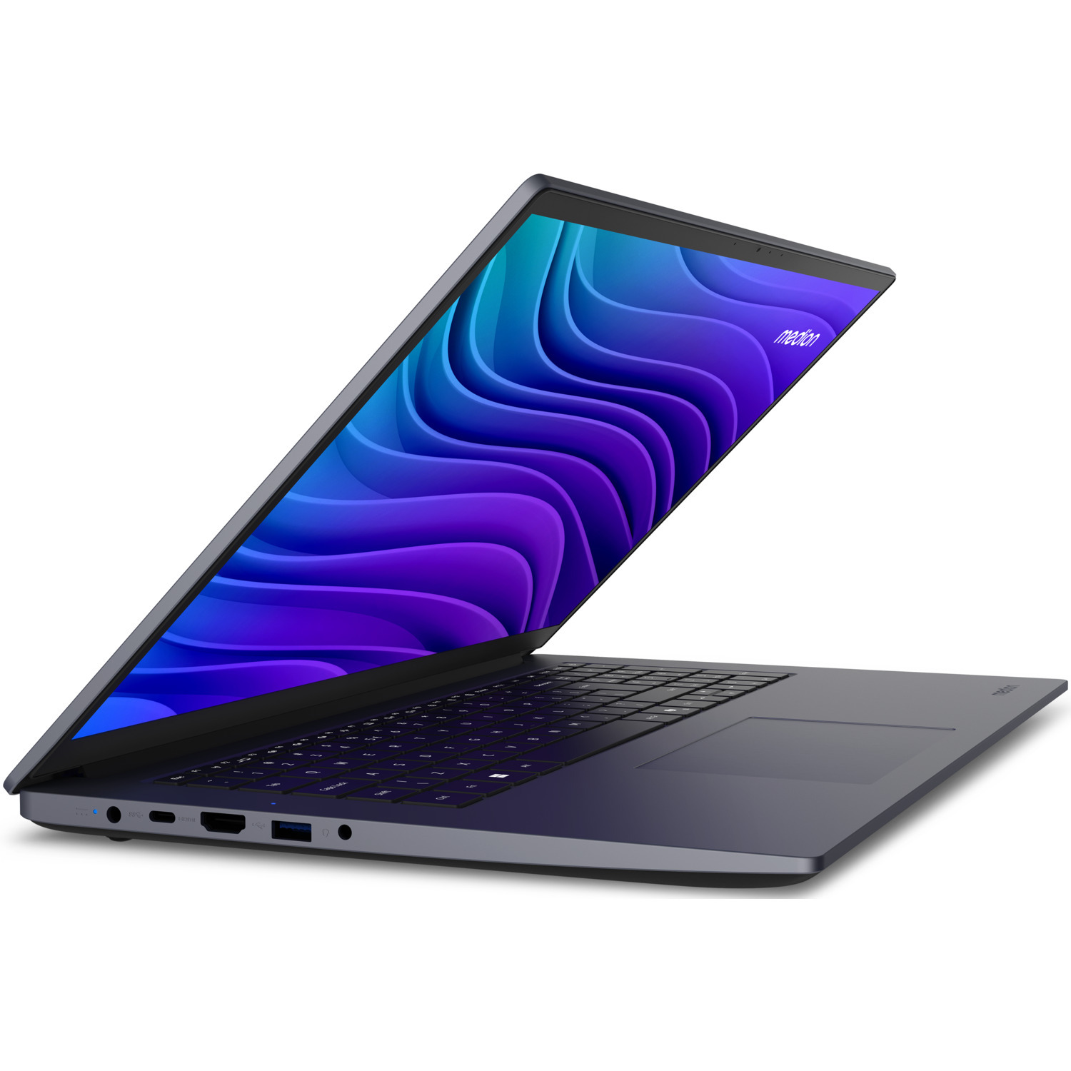 Un ordinateur portable gris foncé est ouvert, affichant un motif d'ondes bleues et violettes colorées sur l'écran. Le clavier et le pavé tactile sont visibles.