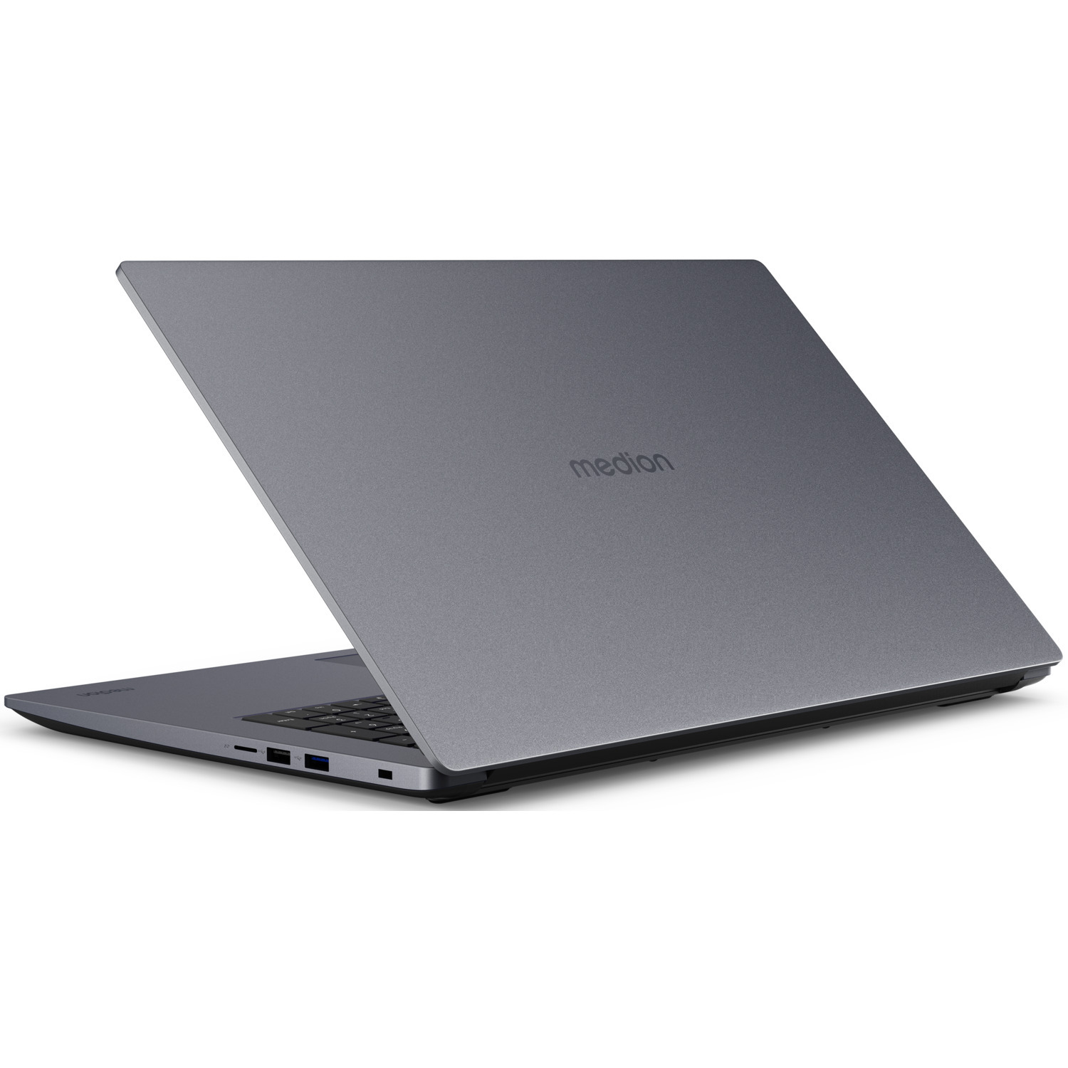 Un ordinateur portable gris est légèrement ouvert, montrant le clavier et les ports. Le logo 'medion' est visible sur le couvercle. Le fond est blanc.