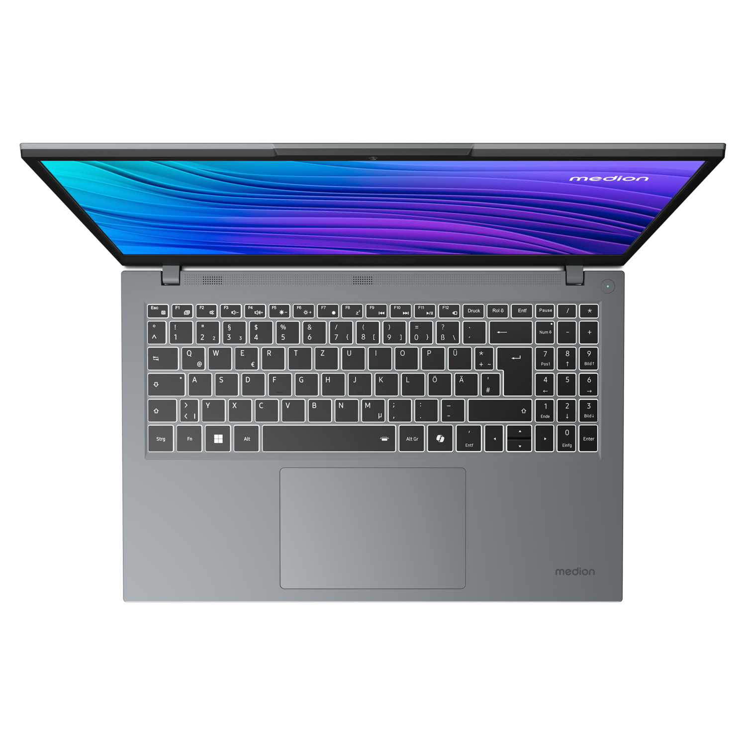 Vue de dessus d'un ordinateur portable Medion. L'écran affiche un dégradé coloré. Le clavier et le pavé tactile sont visibles.