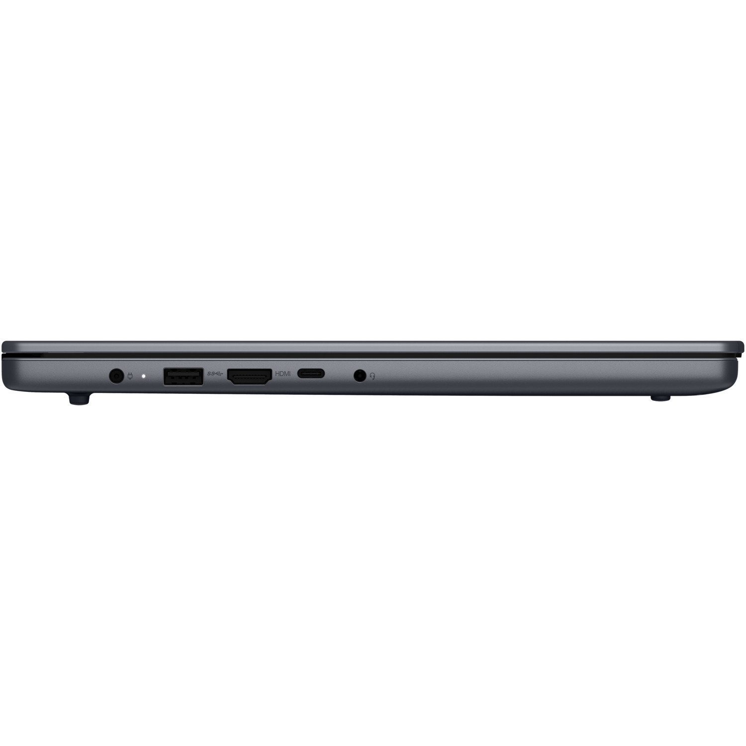 Vue latérale d'un ordinateur portable gris foncé. Les ports visibles incluent une prise casque, USB, HDMI et un port de charge. Le fond est blanc.