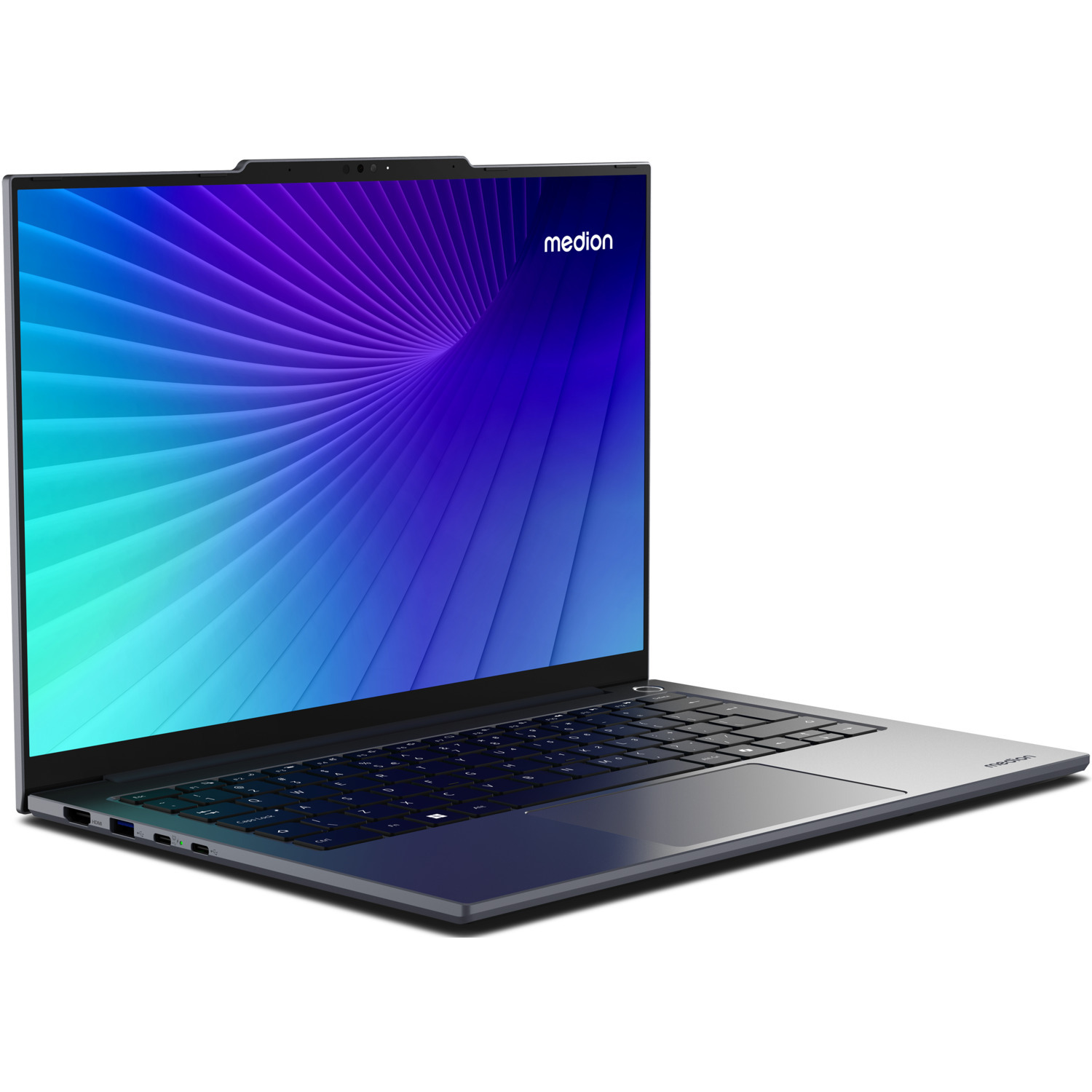 A silver and dark blue Medion laptop. The screen displays a wavy blue and purple gradient. The keyboard is visible.