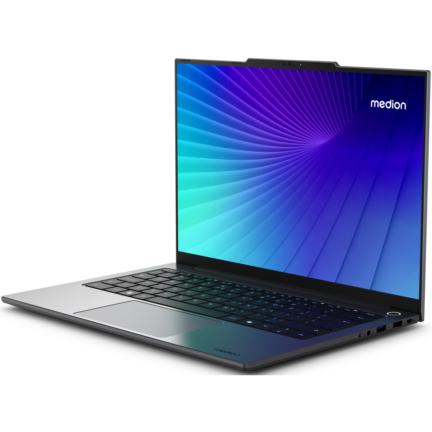 A silver laptop with a colorful screen. The screen displays a blue and purple gradient. The keyboard is black, and the brand is Medion.