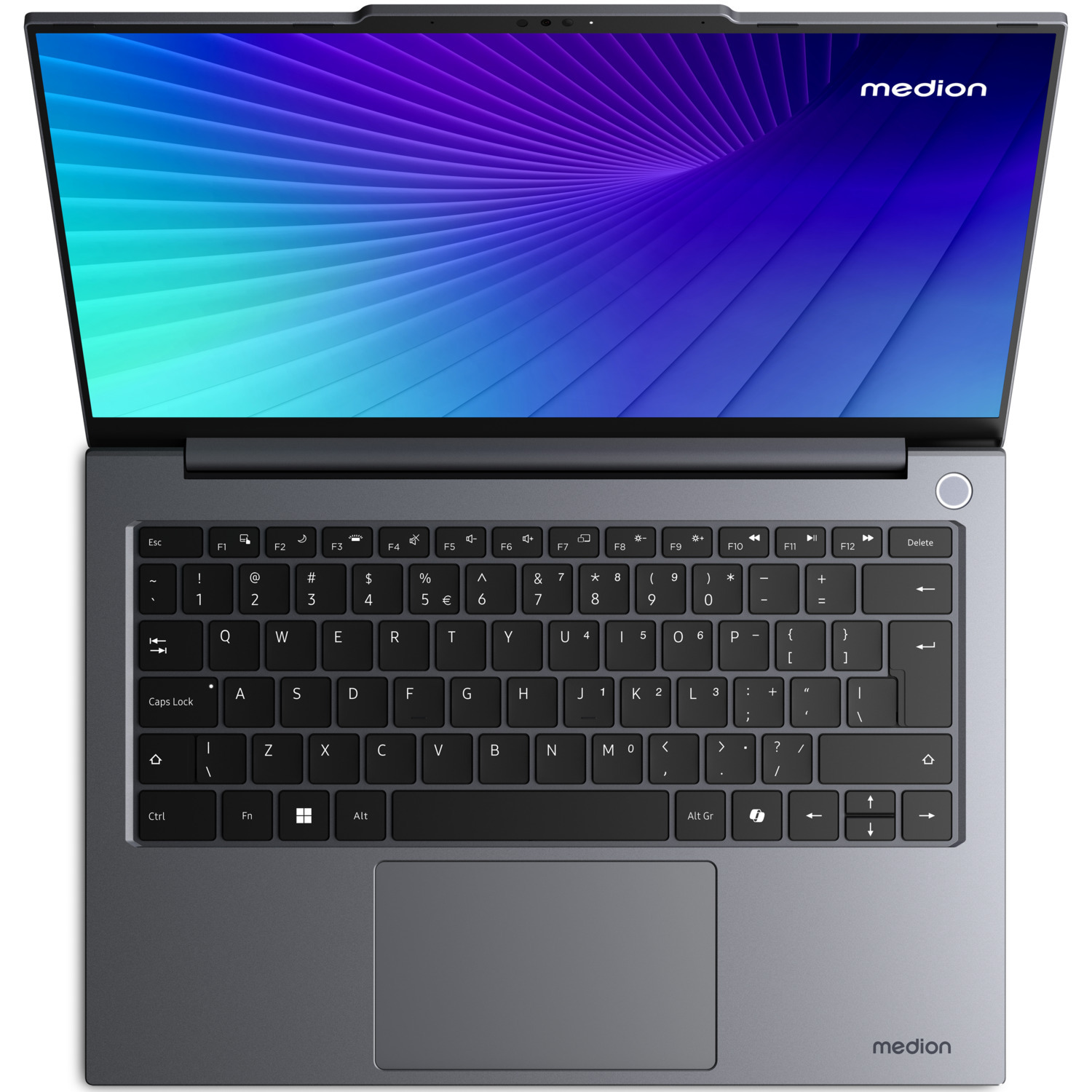 A gray Medion laptop open, showing keyboard and screen. Screen displays a blue-purple gradient. The Medion logo is visible.