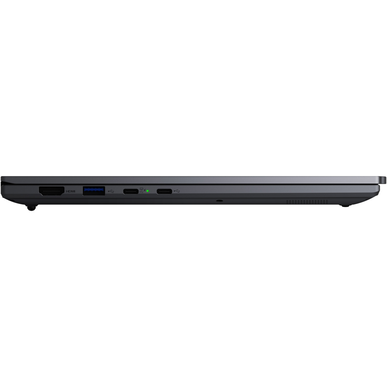 Side view of a dark gray laptop. Ports include HDMI, USB, and USB-C. A green light indicates power.