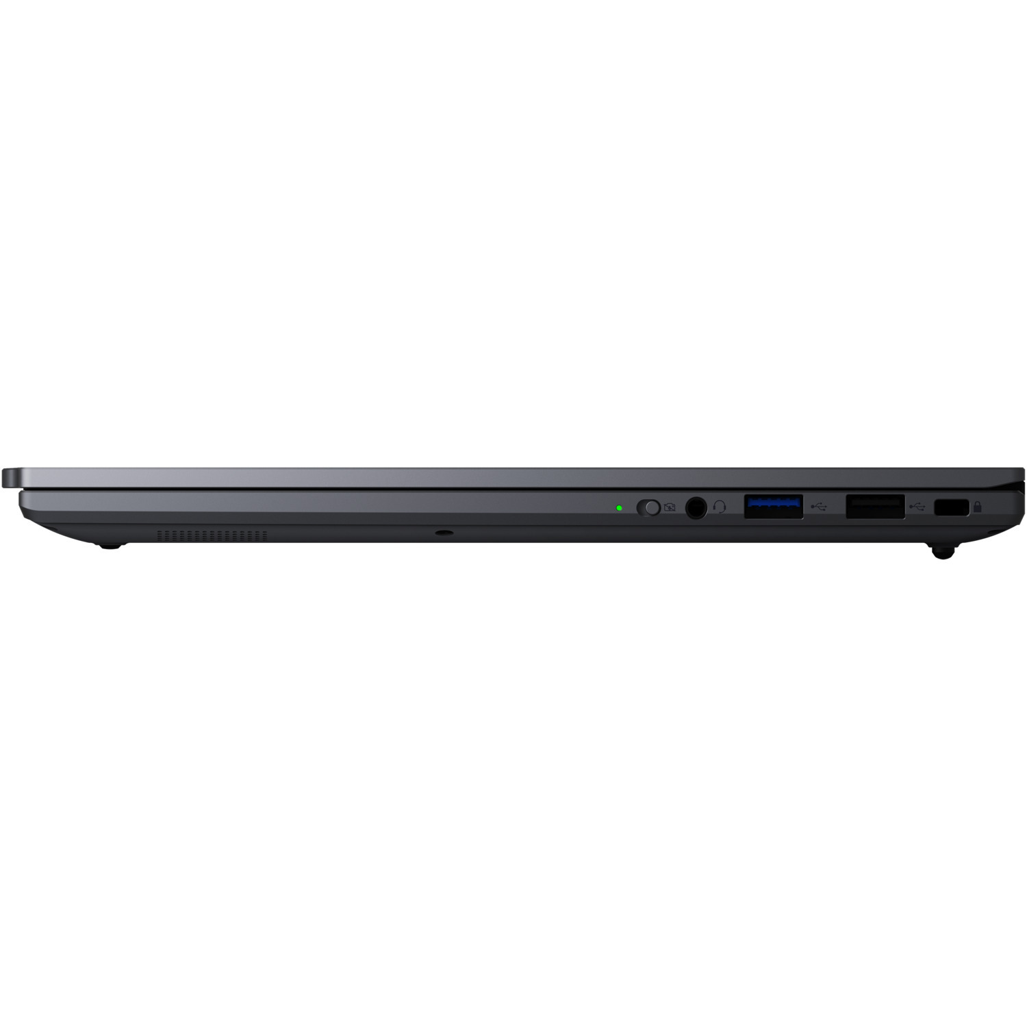 A dark gray laptop's side view. Ports include USB, headphone jack, power, and an indicator light. The background is white.