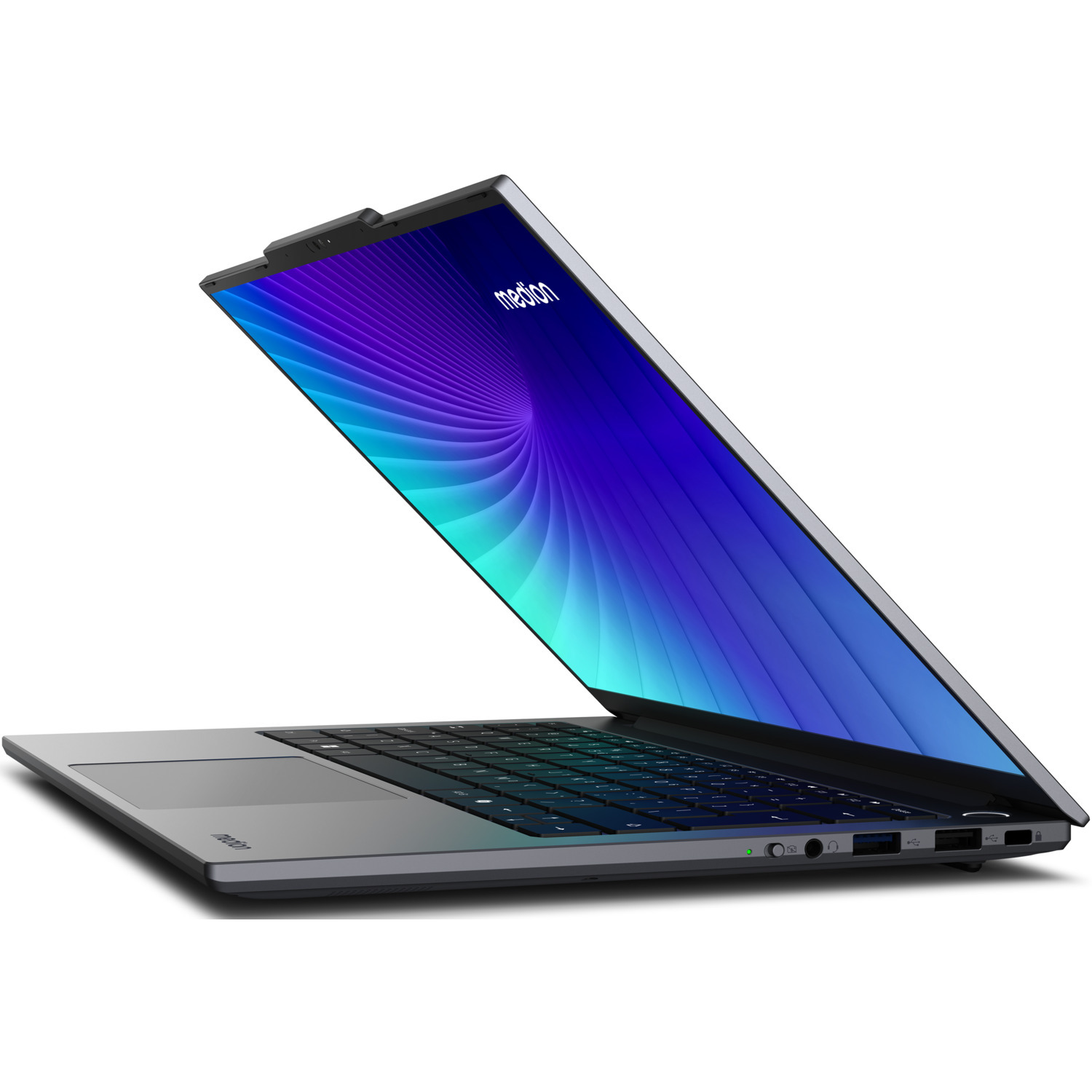 A laptop computer with a screen displaying a blue and purple gradient. The keyboard is visible, and the laptop is slightly open.