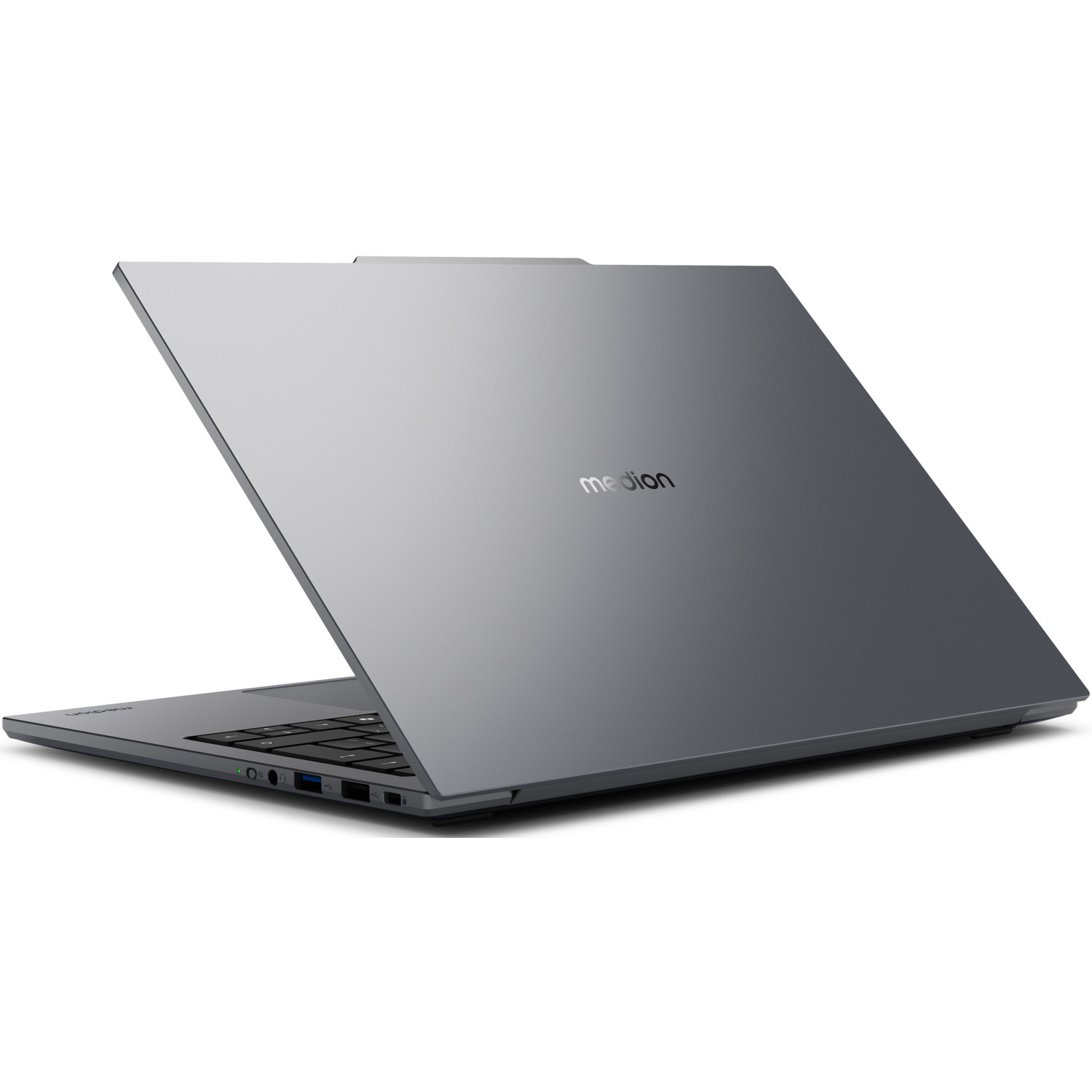 A grey Medion laptop, slightly open, angled to the right. The keyboard is visible. The background is plain white.