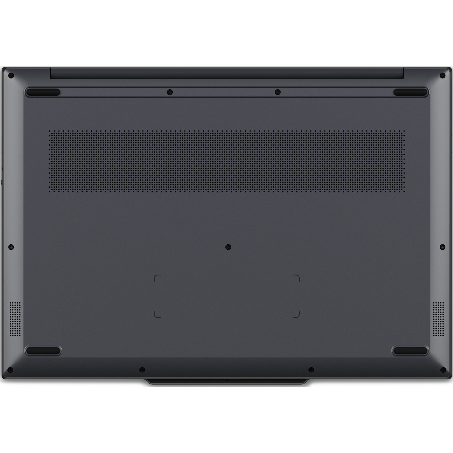 Bottom view of a dark gray laptop. It has vents, rubber feet, and screw holes. The design is minimalist and modern.